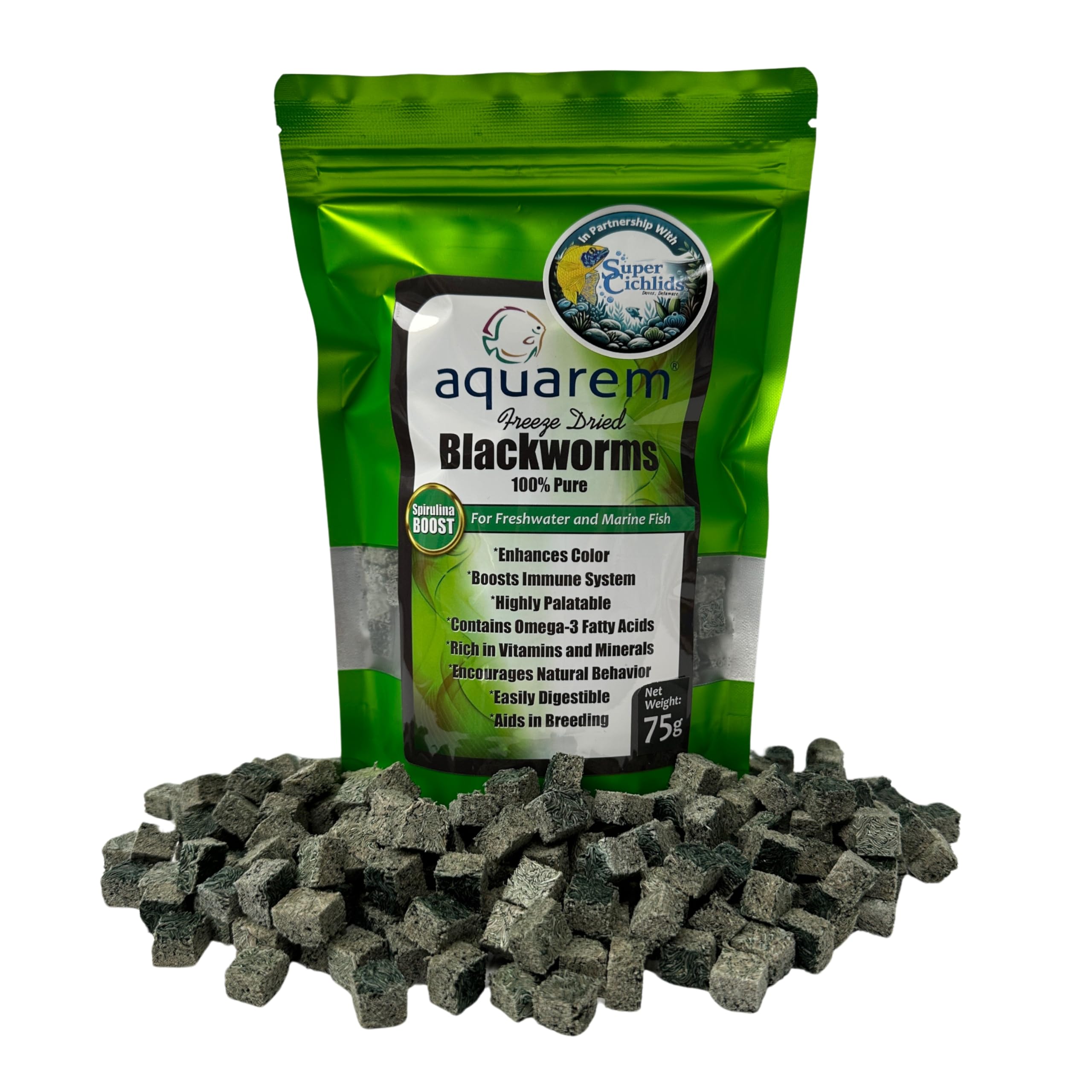 Freeze Dried Blackworms with Spirulina - Perfect for Marine & Freshwater Aquariums - High Protein, No Preservatives - Live Blackworms Alternative (75 Grams)