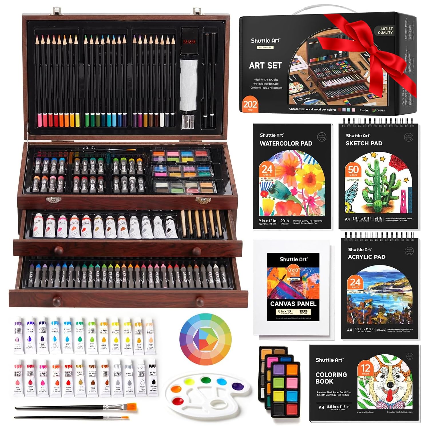 Shuttle Art Deluxe Gift Art Kit, 202-Piece Wooden Art Supplies Set with 4 Drawing Pads, Canvases, Coloring Sheets, Acrylic Paint, Crayons, Oil Pastels, Colored Pencils for Kids