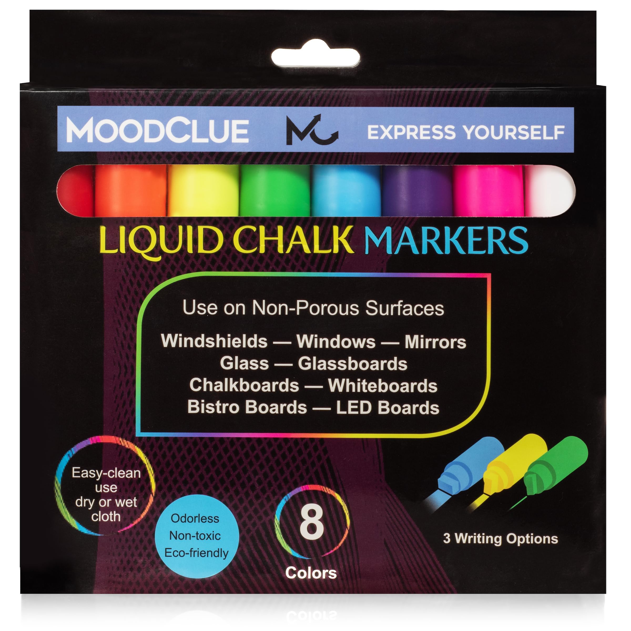 Car Window, Glass Marker Pens. Bold Liquid Chalk for Auto Windshields, Mirrors, White + LED Boards. Washable, Erasable. Neon 8pck. 10mm tip - 3 writing options. Newest marker set.