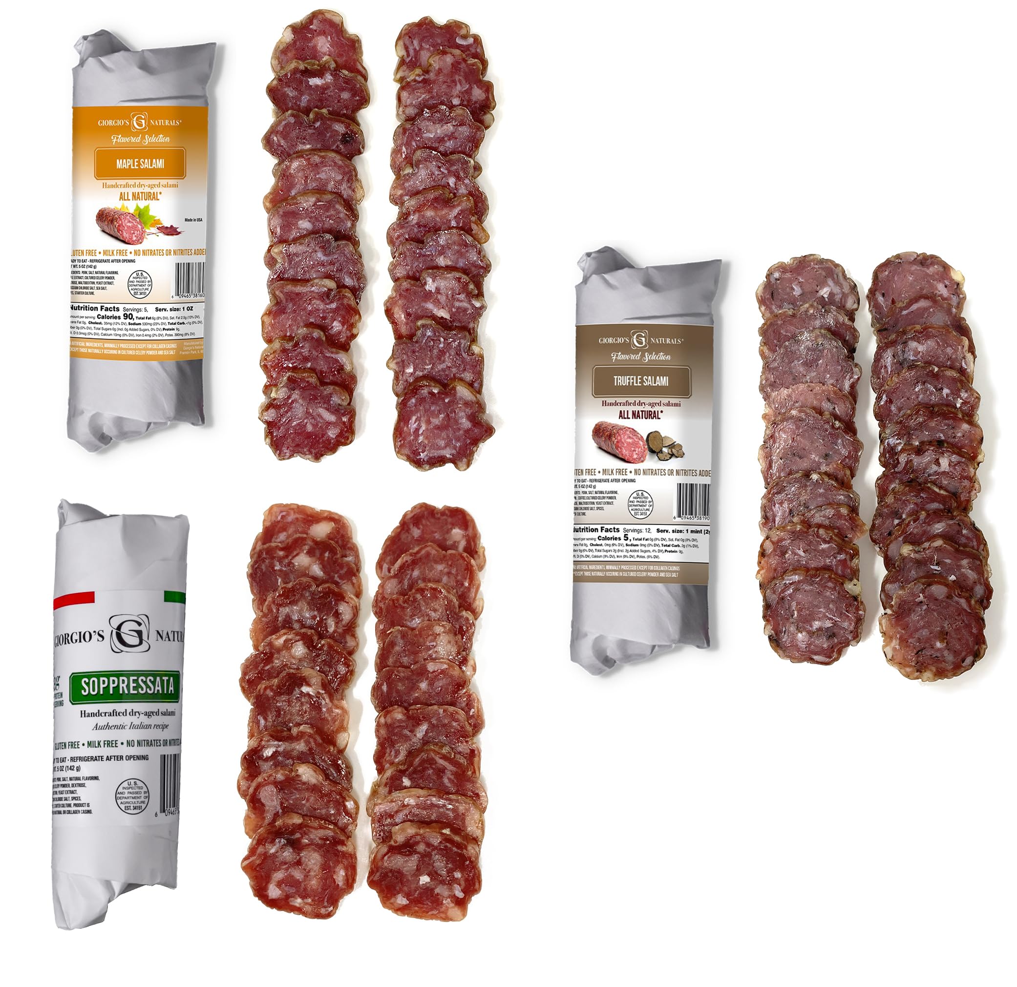 Giorgio’s Naturals Handcrafted Dry-Aged Salami Variety Pack of 3 – Soppressata, Truffle, & Maple - 5 Ounce, Authentic Italian Sausage, Hard Salami, Charcuterie Meat