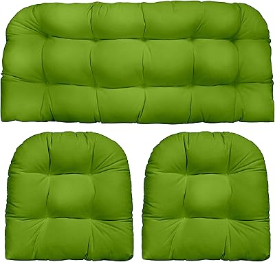 RSH DECOR: 3-Piece Wicker Tufted Cushion Set | 41” x 19" & 19" x 19" | All-Weather Spun Fabric | Water Resistant | Outdoor Loveseat & U-Shape Cushions for Patio Furniture | Kiwi Green