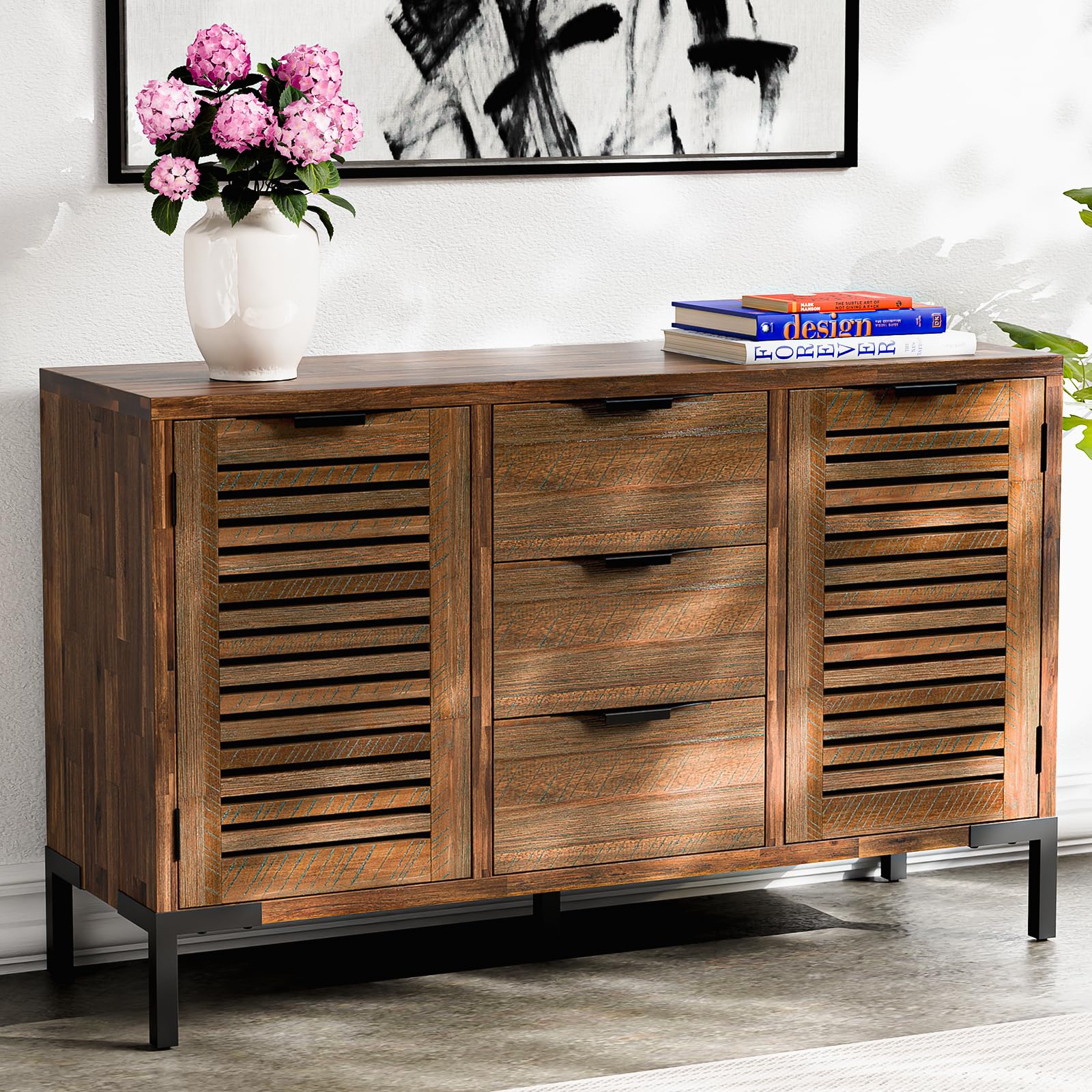 Bme Millie Premium Solid Wood Sideboard Storage Cabinet with Storage, Pre-Assembled with 3 Drawers & 2 Doors, Adjustable Shelves