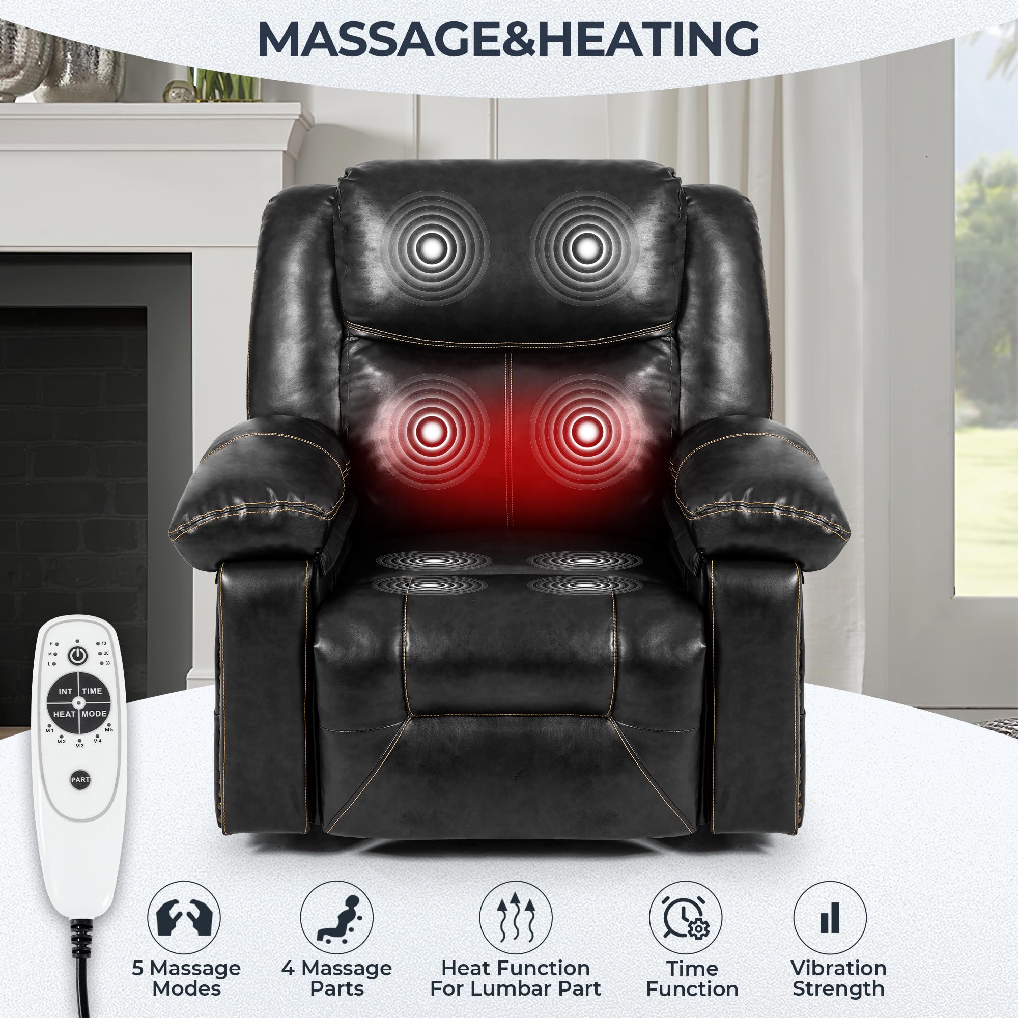 HOMYEDAMIC Heated Massage Leather Recliner Chair, Power Lift Remote Electric Stand up Motorized Elderly Seniors Ergonomic Wide Big Tall Large Cup Holder USB Port Recliner Sofa (PL9050-Black)