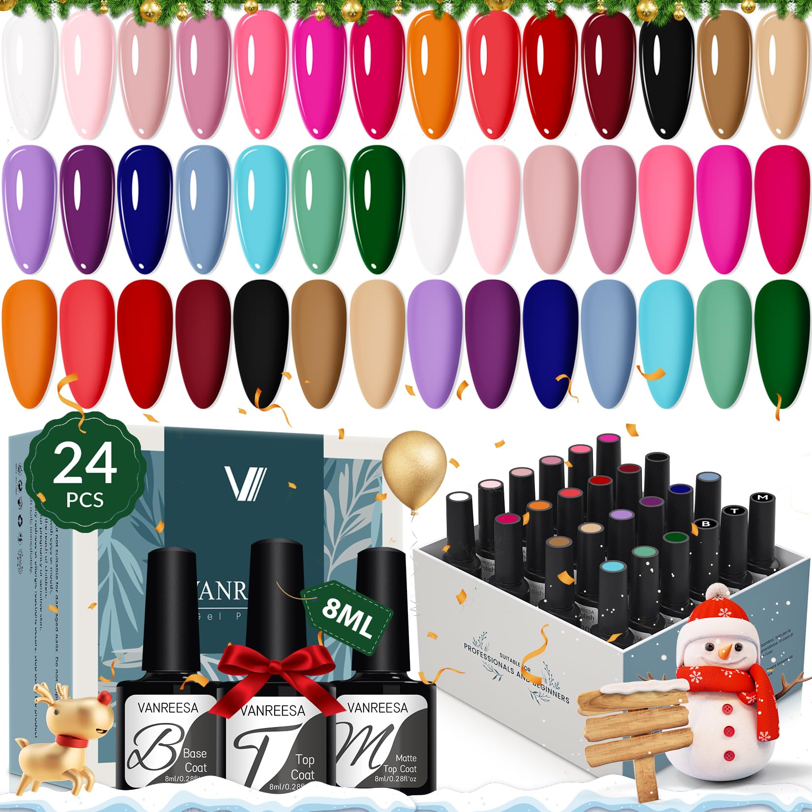 VANREESA 24 Pcs Gel Nail Polish Set 21 Colors Gel Nail Polish Base Coat Glossy & Matte Top Coat with Gel Polish Set Nude Pink Orange Green Blue Purple Gel Polish Kit Christmas Gifts for Women Girls