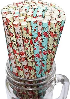 Image of Paper Straws (100 Pc) – (19.7cm) Biodegradable Straws - Pink, Yellow, Blue Floral Paper Straws, Non-Toxic Drinking Straws for Birthday, Wedding, Engagement, Baby Shower, Party Supplies