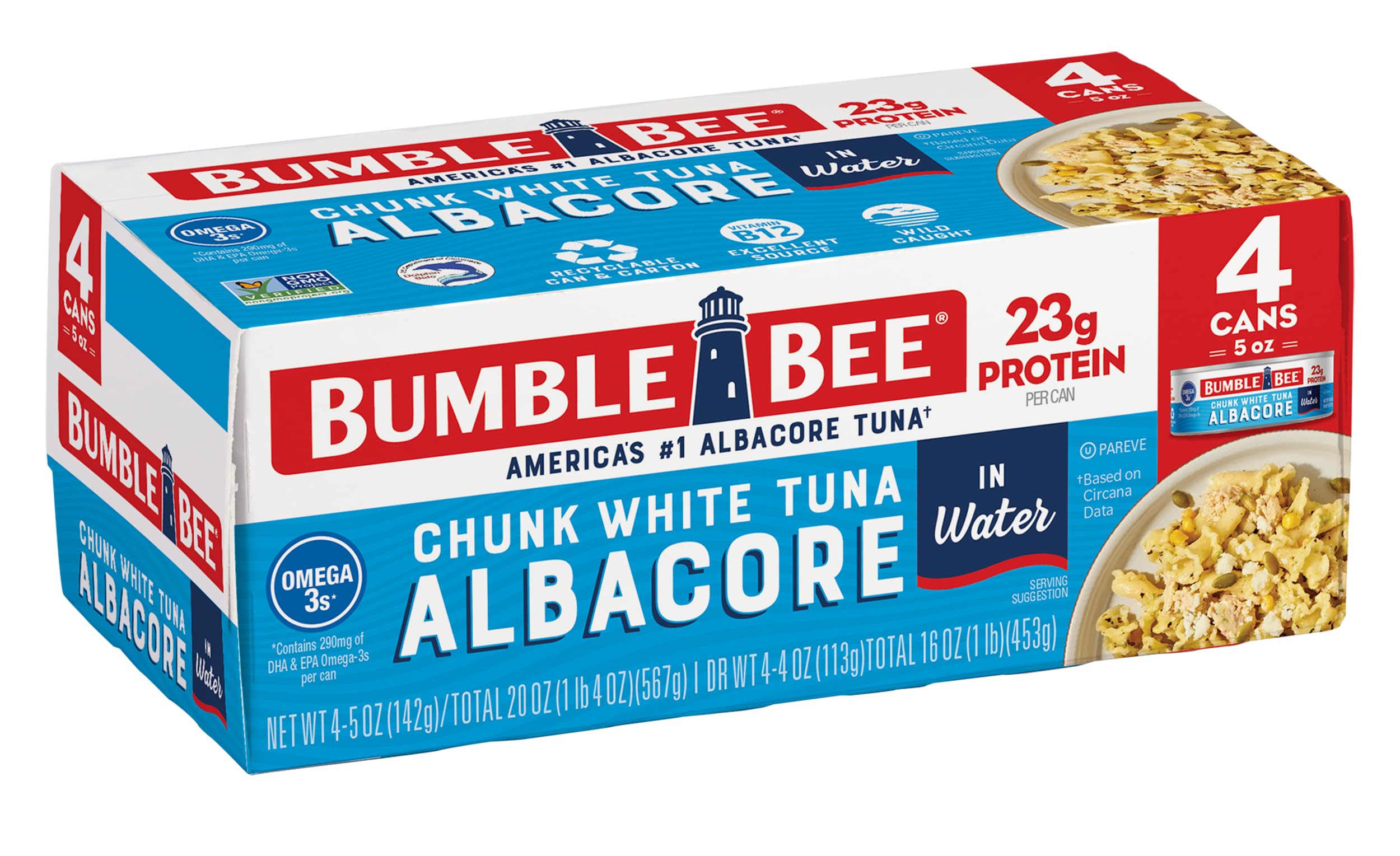 Bumble Bee Chunk White Albacore Tuna in Water, 5 oz Can (Pack of 4) - Wild Caught Tuna - 23g Protein per Serving, High in Omega-3s - Non-GMO Project Verified, Gluten Free, Kosher