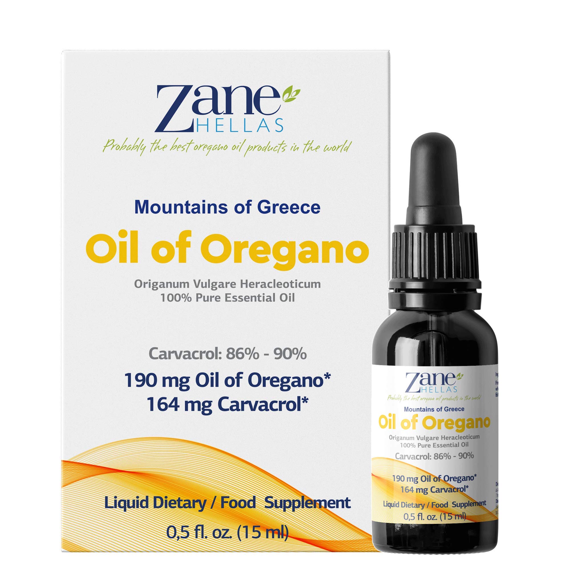 Zane HELLAS Probably the best oregano oil products in the world 190 mg -164 mg Carvacrol per Serv g-4 Drops Daily. 100% Greek Undiluted of . 86%-90% M Carvacrol. 0.5 fl. oz.- 15ml.