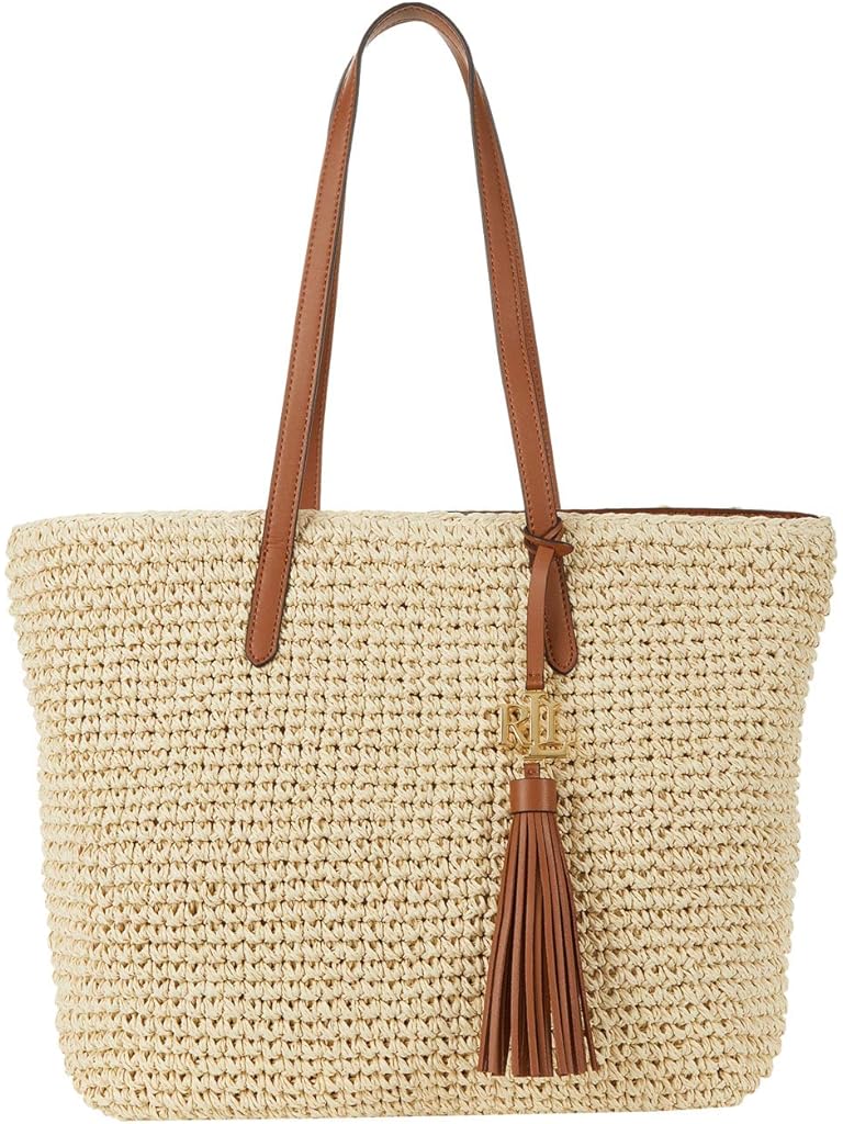 Tan Lauren Ralph Lauren Crochet-Straw Medium Whitney Tote