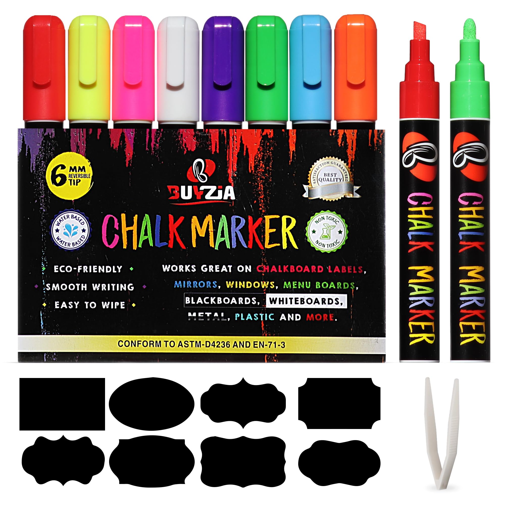 BUYZIA Liquid Chalk Pens for Blackboards, Windows & Glass, 6mm Reversible Tip Neon Color Chalk Markers for Non Porous Surfaces, Wipeable Chalkboard Pens (8 Pack)