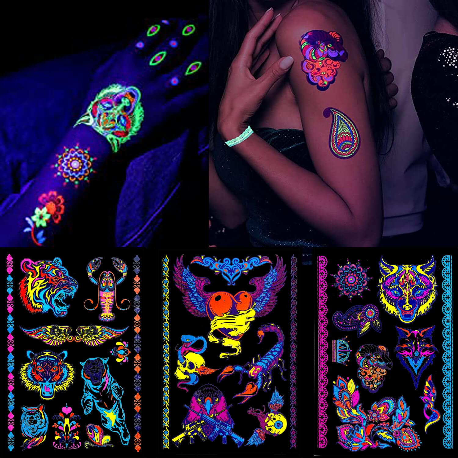 glaryyears 80+ Neon Temporary Tattoos, Glow UV Fake Beast Wild Animals Angel Wings designs, Men Women Party Favor Supplies Night Pub 7 Sheets