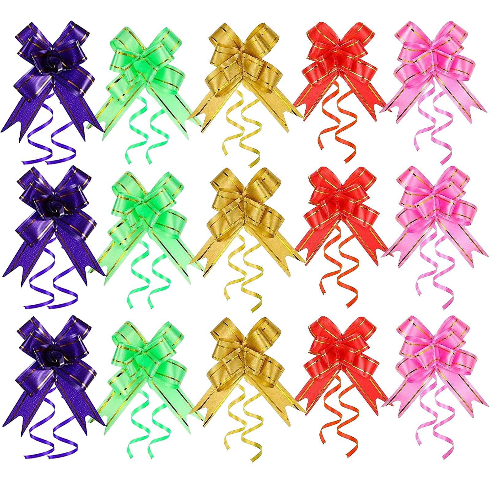 OPULENO Wrap Pull Bows, 100pcs Pull Bow Mixed Color for Wedding Boxing Day Decoration and Gift Packaging(Red, Green, Pink, Purple, yellow)