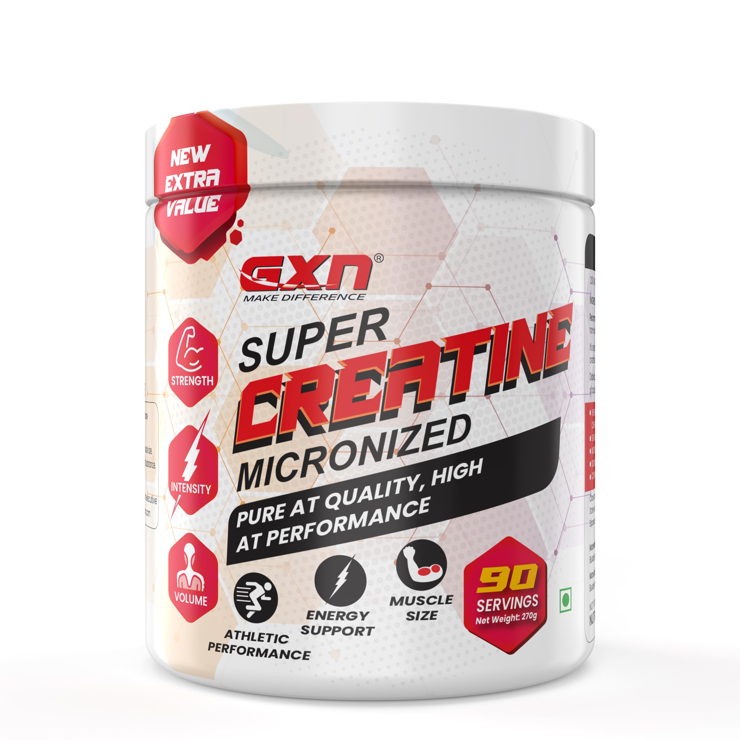 Greenex Nutrition Super Creatine Powder Micronized - 90 Servings (270g) 3g of 100% Creatine Monohydrate per serve, Helps Sustain Longer Workout, Muscle Repair & Recovery - Unflavoured