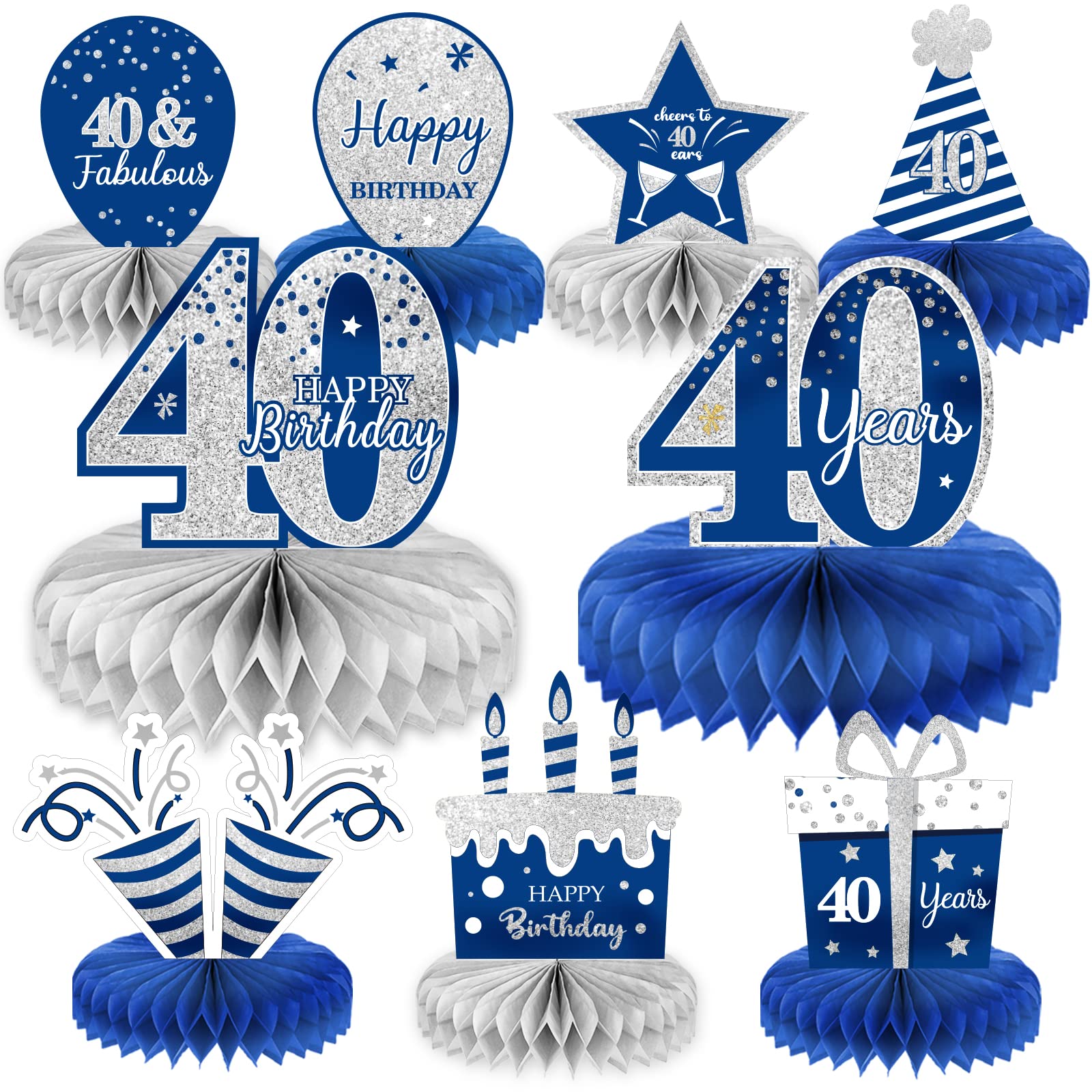 Amazon.com: 9 Pieces Blue Silver 40th Birthday decorations 40th ...