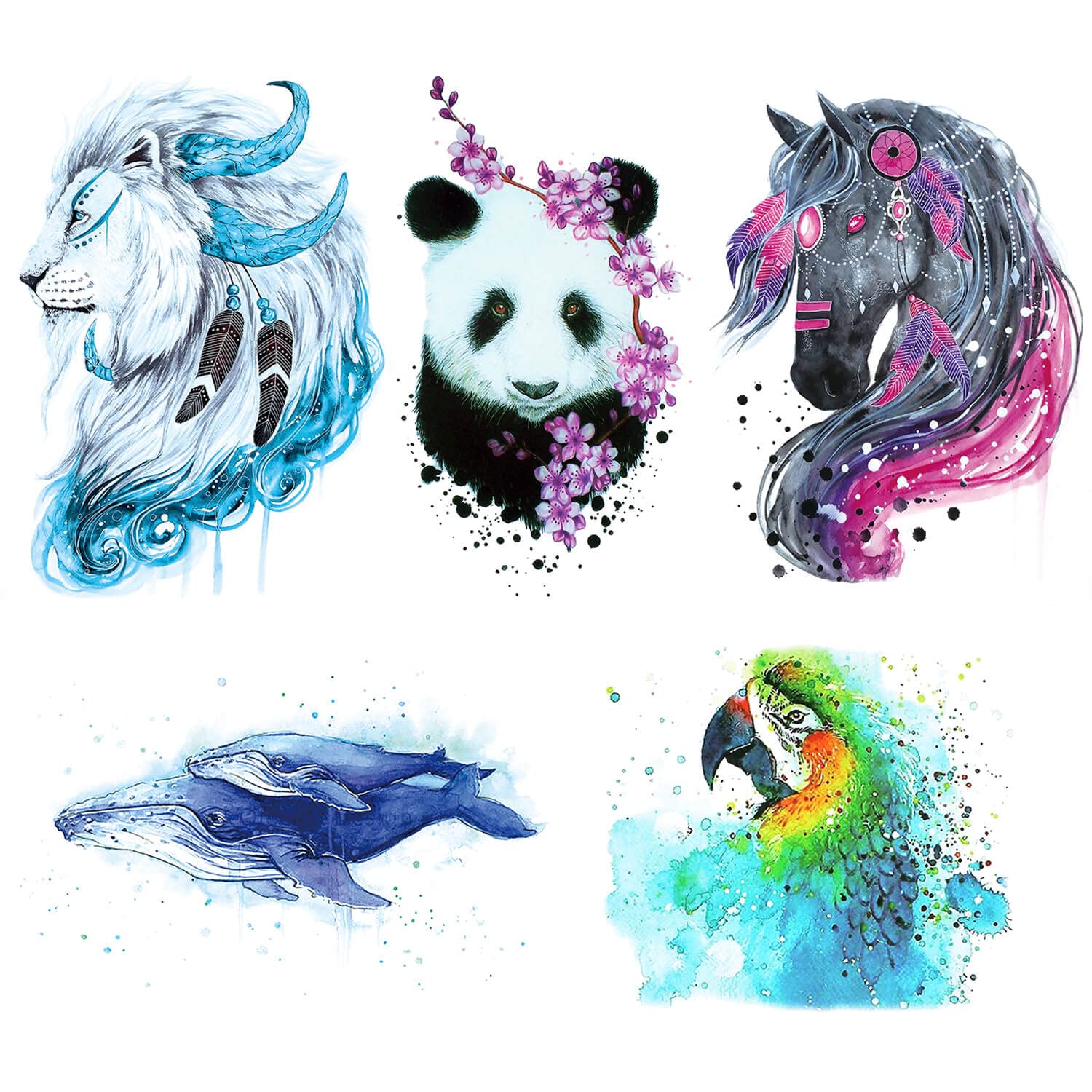 5 Sheets Watercolour Animal Temporary Tattoo Stikcer for Women Men Body Art