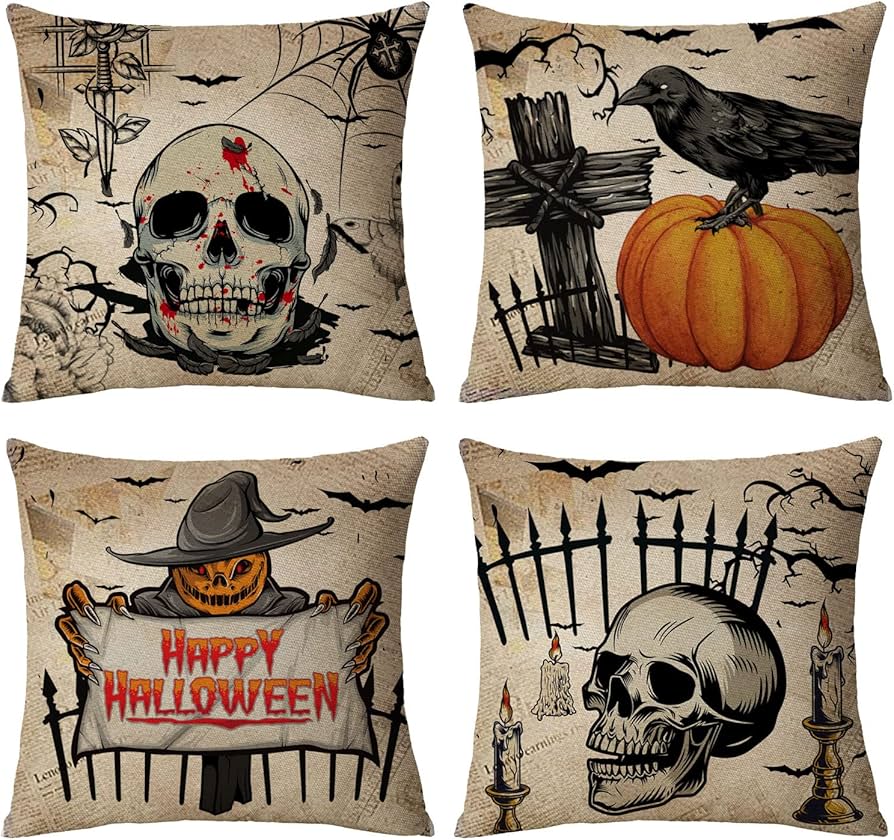 Amazon.com: Halloween Pillow Covers 12x12 Set of 4 Vintage Scary ...