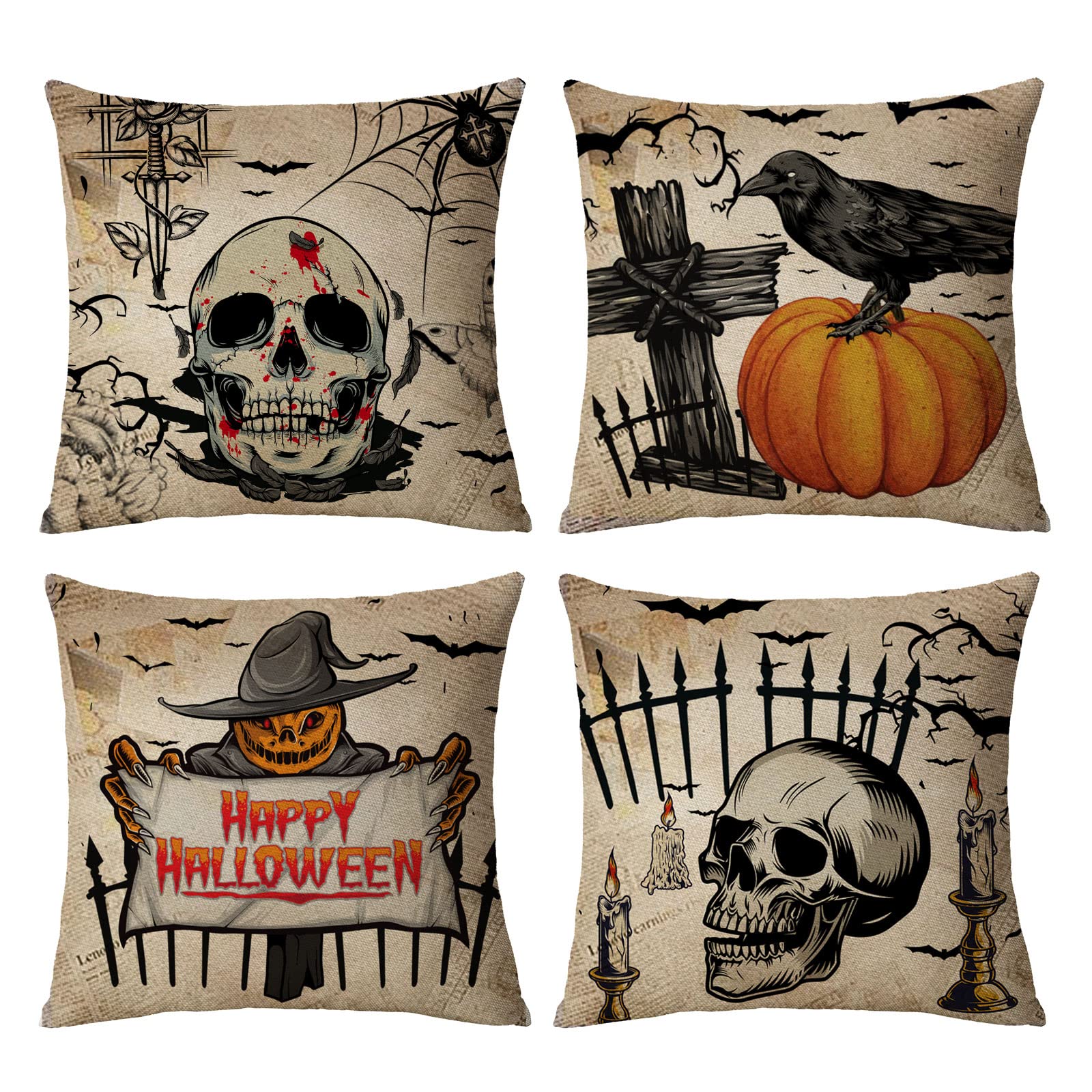 Amazon.com: Halloween Pillow Covers 12x12 Set of 4 Vintage Scary ...