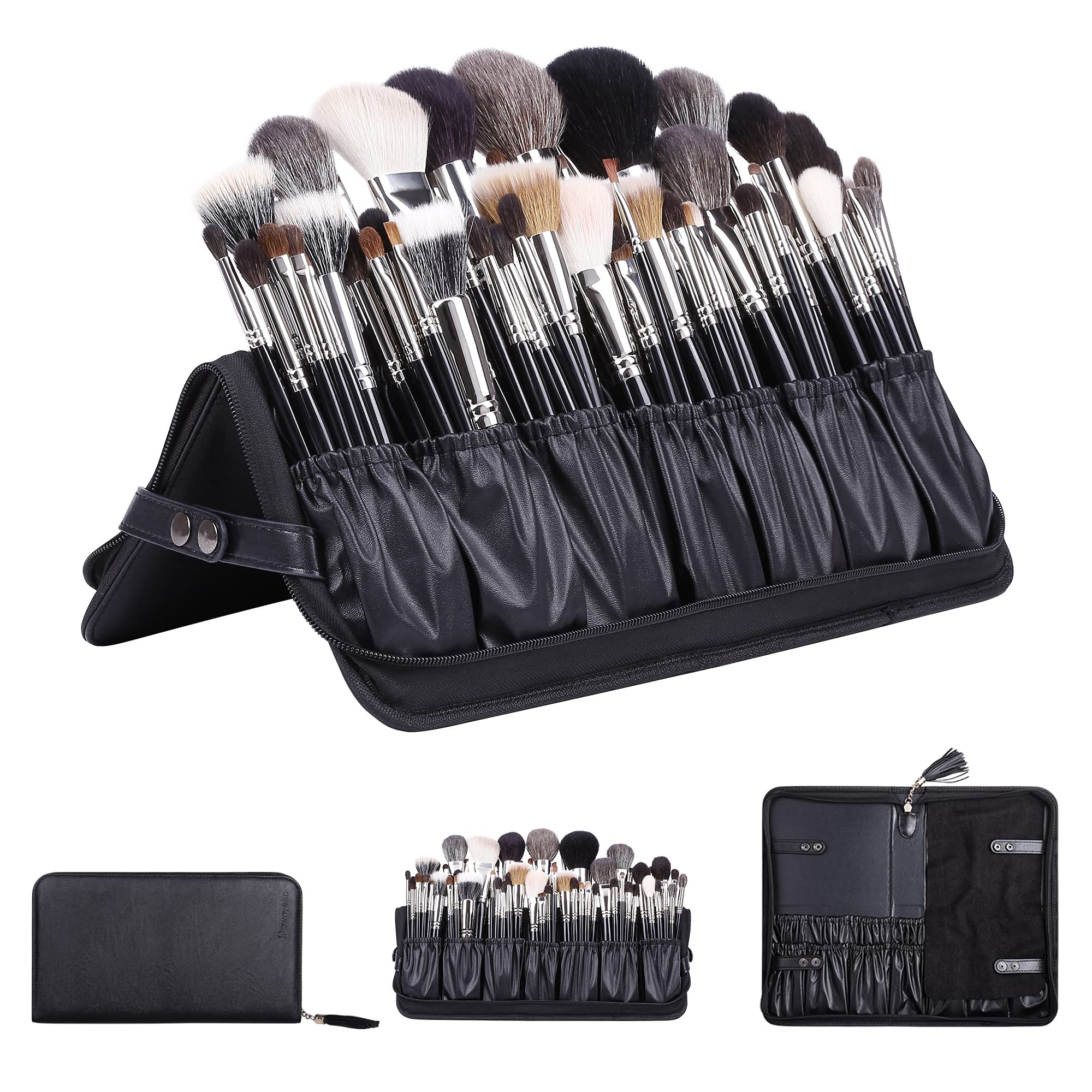 Rownyeon Professional Makeup Brushes Organizer Bag Makeup Artist Cosmetic Case Leather Handbag Black Travel Portable(Only Bag)