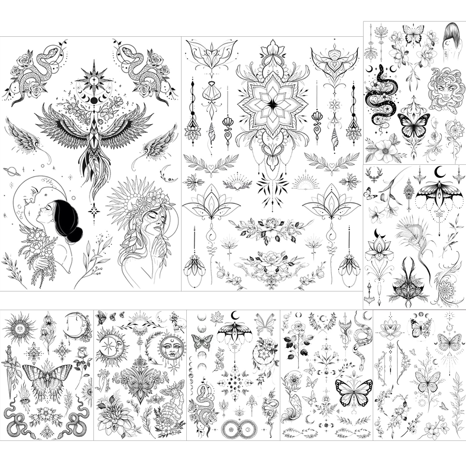 Glaryyears Ink Line Temporary Tattoo for Women Men Adults, 9-Pack 100+ Fake Tattoos Stickers, Multi Design Variety Pack Realistic Tattoos for Body, Space Sun Moon Snake Butterfly Tattoos