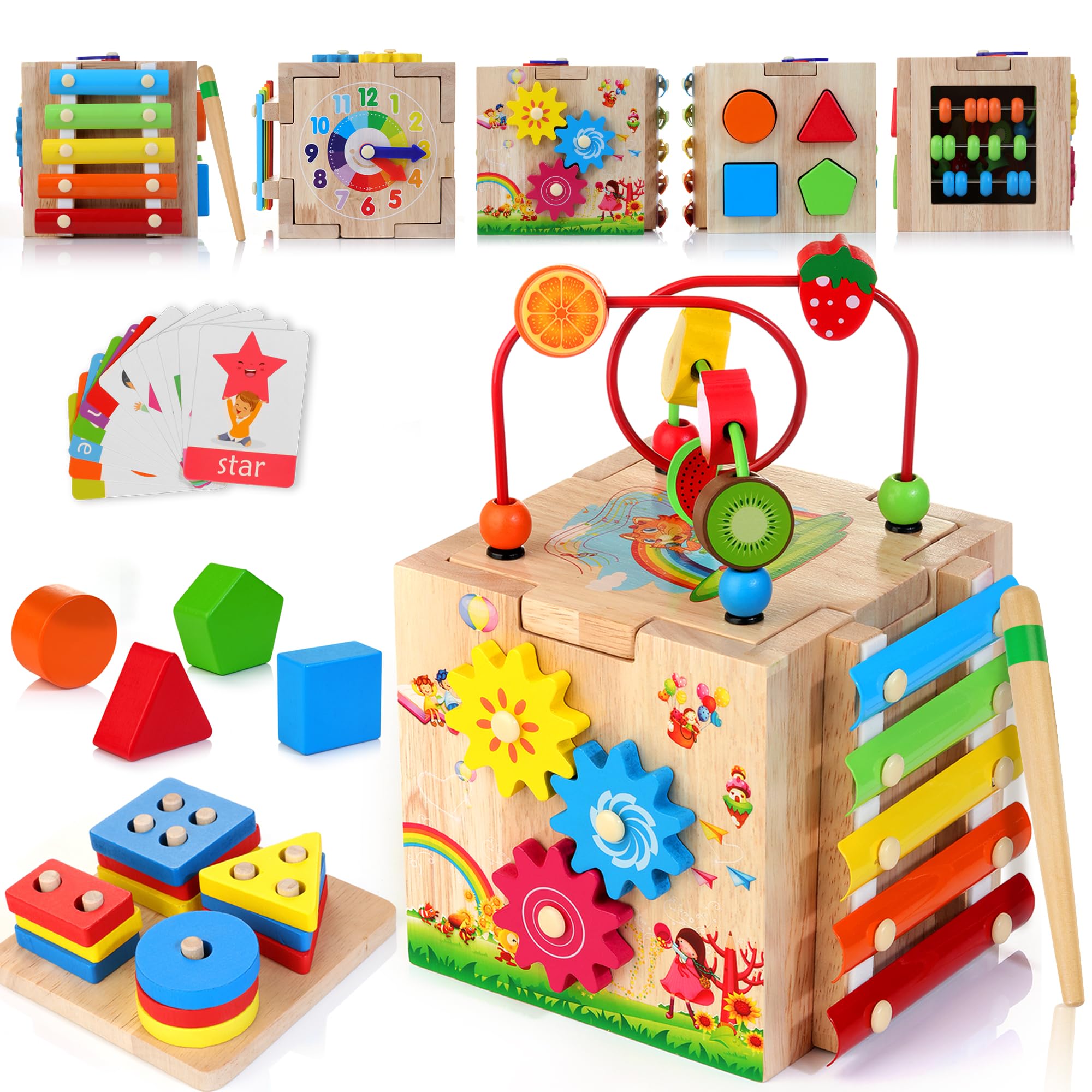 HELLOWOOD Wooden Activity Cube Baby Toys, 8-in-1 Montessori Educational Toy Set, Bead Maze Shape Sorter Abacus Xylophone Words & Clock Learning, STEM Toys for Boys Girls Toddlers Age 1 2 3