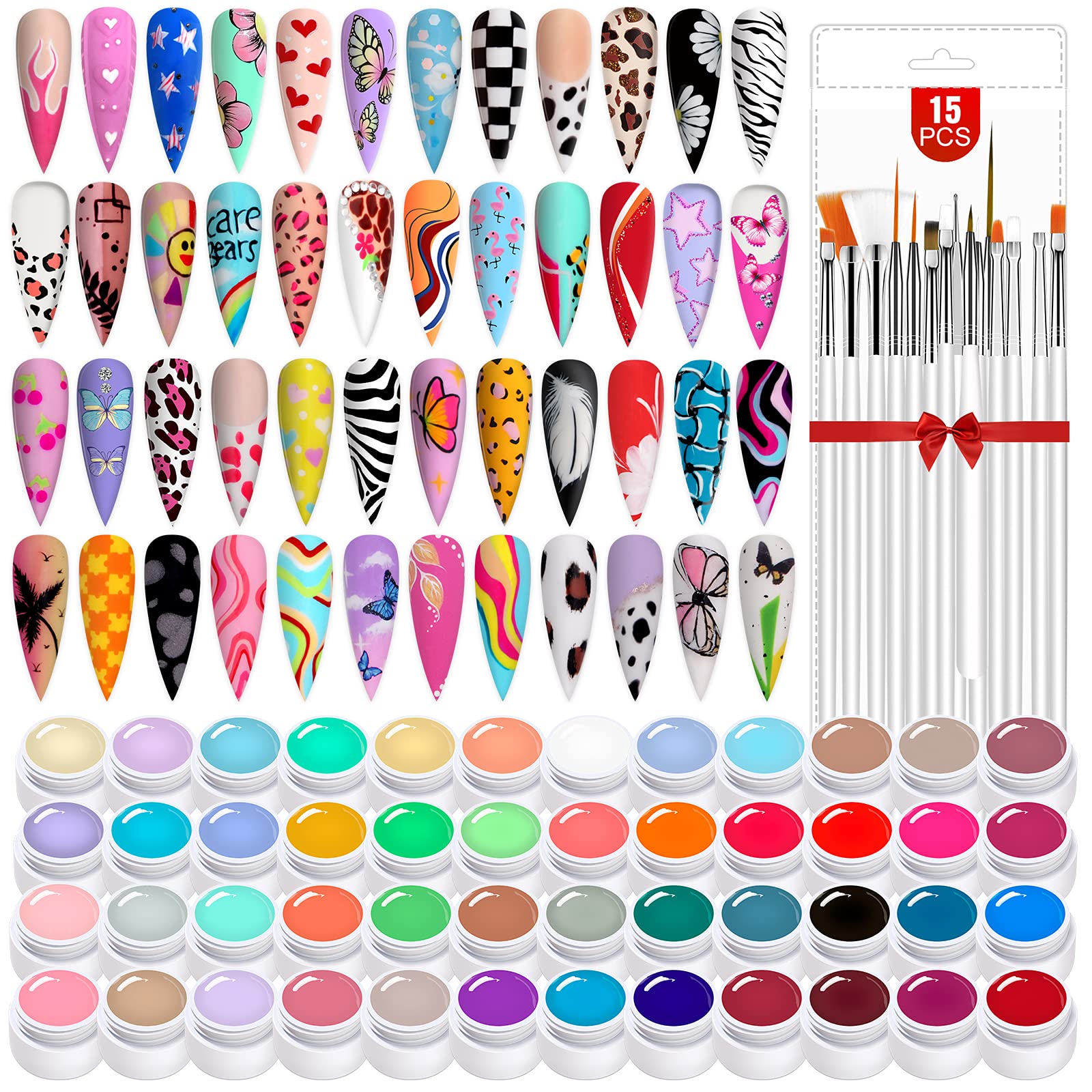 Saviland 48 Colors Nail Art Gel Paint Kit: Nail Art Paint Gel Nail Polish Kit with Color Gel Paint for Nails Art Design & 15pcs Gel Nail Art Brushes Drawing Painting Gel Home & Nail Salon Manicure DIY