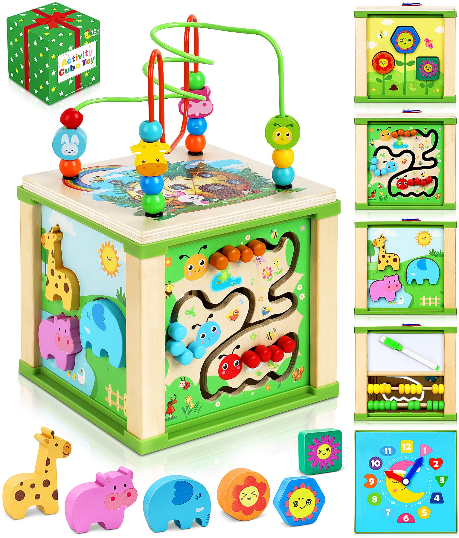 Jojoin Wooden Activity Cube Baby Toys - Wooden Toys 1 2 3 Year Old Boys Girls - Montessori Toys with Bead Maze Shape Sorter Abacus - Sensory Toys 1st Birthday Gifts for Girls Boys, HW00713