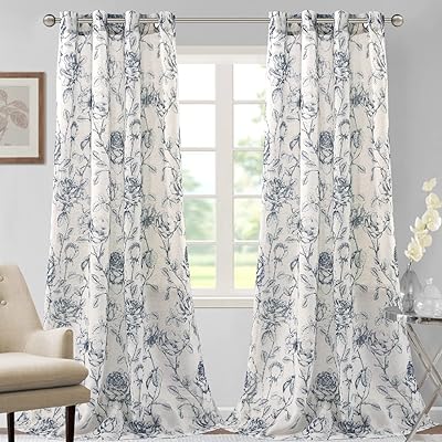 H.VERSAILTEX Linen Curtains Floral Patterned Curtain Drapes Grommet Living Room Curtains 96 Inches Long 2 Panels, Pencil Sketch Style Floral Panels, Navy and White