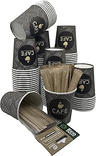 Vasos desechables cafe x100 + Palitos de madera desechables x100. Vasos desechables de 200ml. Vasos de carton con paletina...