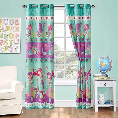 Better Home Style Printed Fun Multicolors Under The Sea Life Mermaid with Fish Seashell & Starfish Design Kids Room Window Curtain Treatment Drapes 2 Piece Set with Grommets (Riding Mermaid)