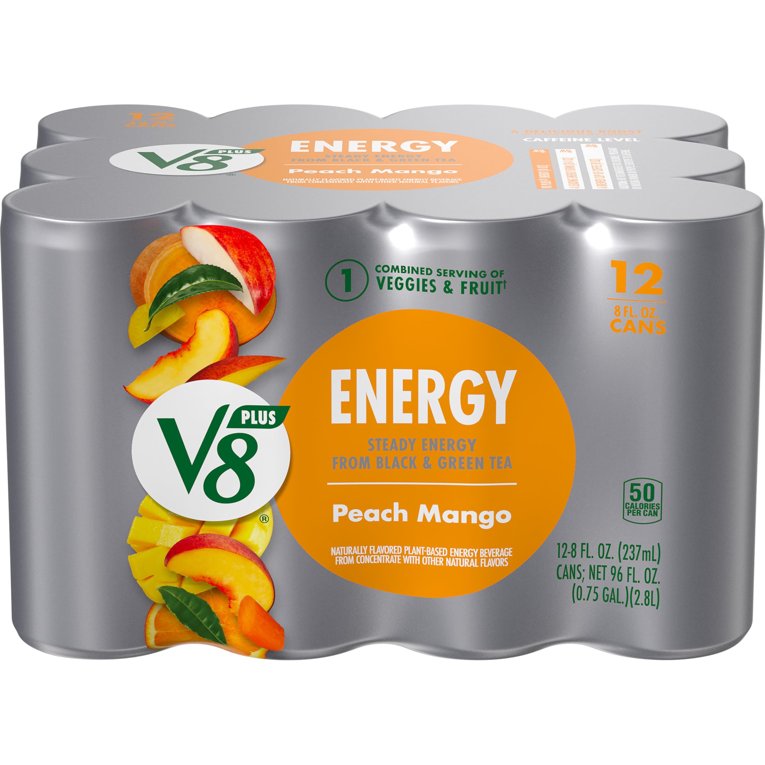 V8 +Energy Peach Mango Juice Energy Drink, 8 fl oz Can (12 Pack)