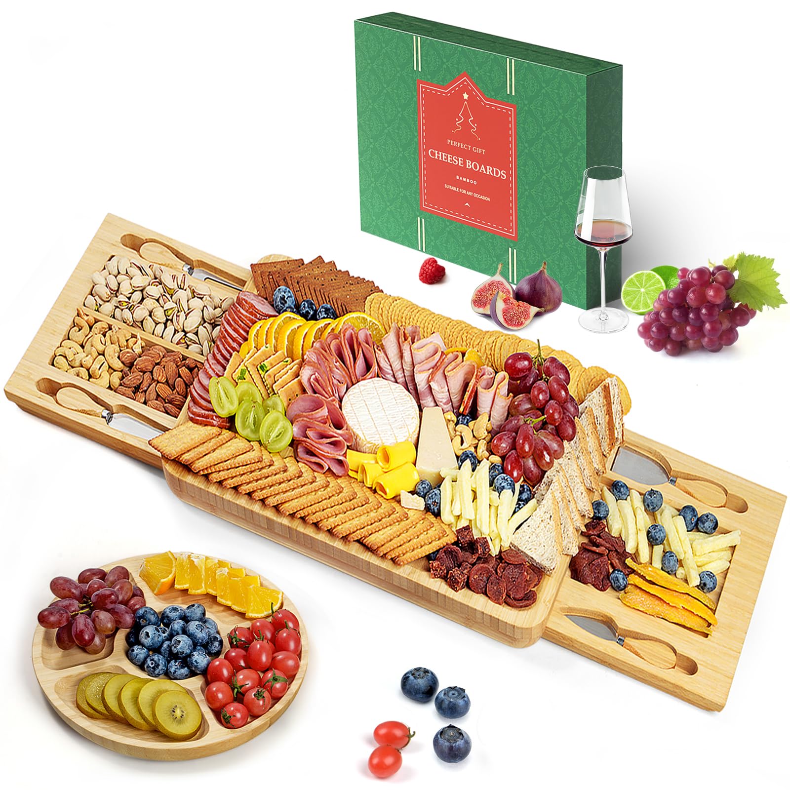 Xergur Bamboo Cheese Board Set with Marble, Large Charcuterie Boards and Knife Set, Cheese Platter with 2 Drawers, Include Round Fruit Cheese Platter, Meat and Cheese Cutting Board Housewarming Gift