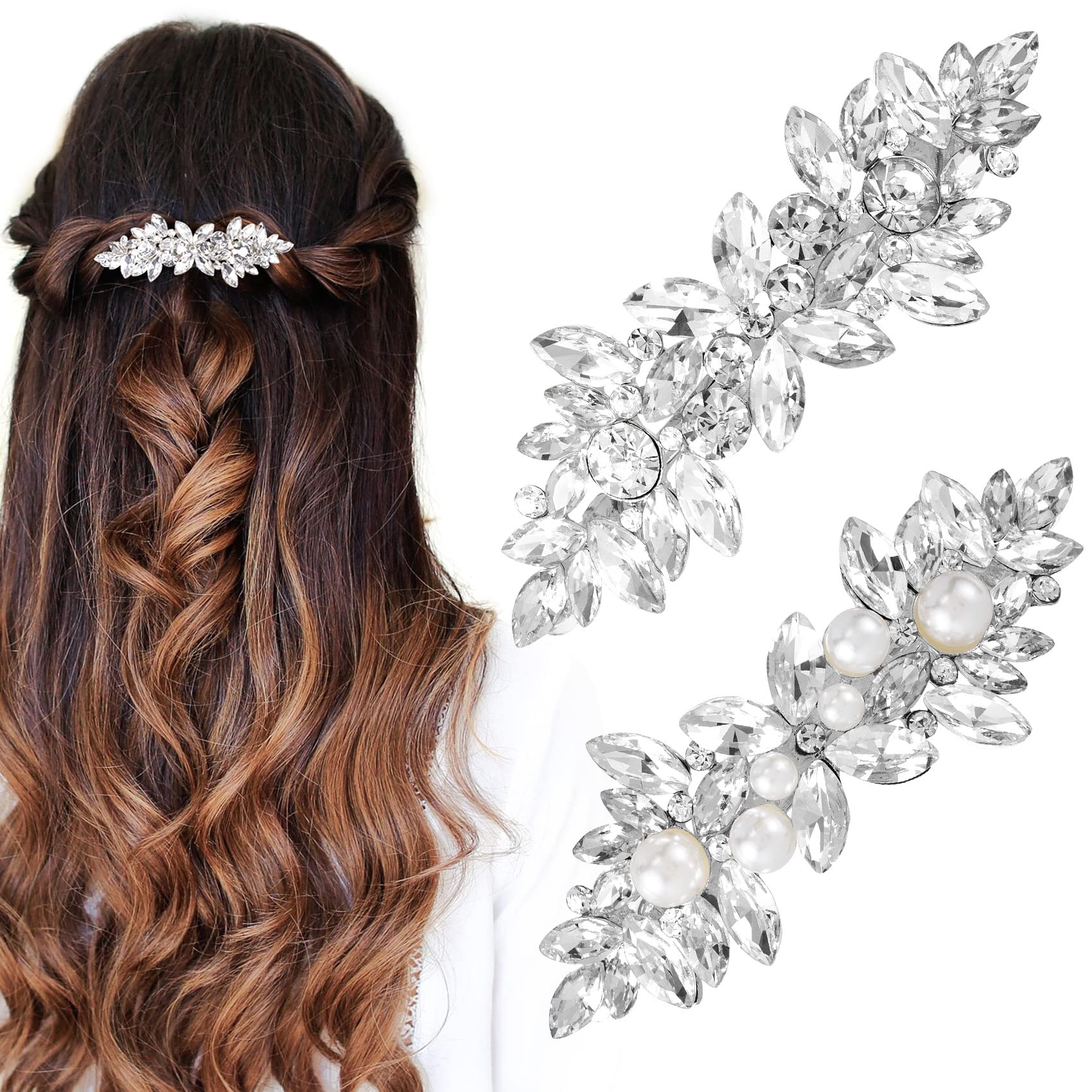 2Pcs Rhinestone Hair Clips Flower Hair Barrettes Crystal Pearl French Hairpins Hair Clip Sparkle Wedding Prom First Communion Accessories for Women Girls Bridal Thick Long Hair