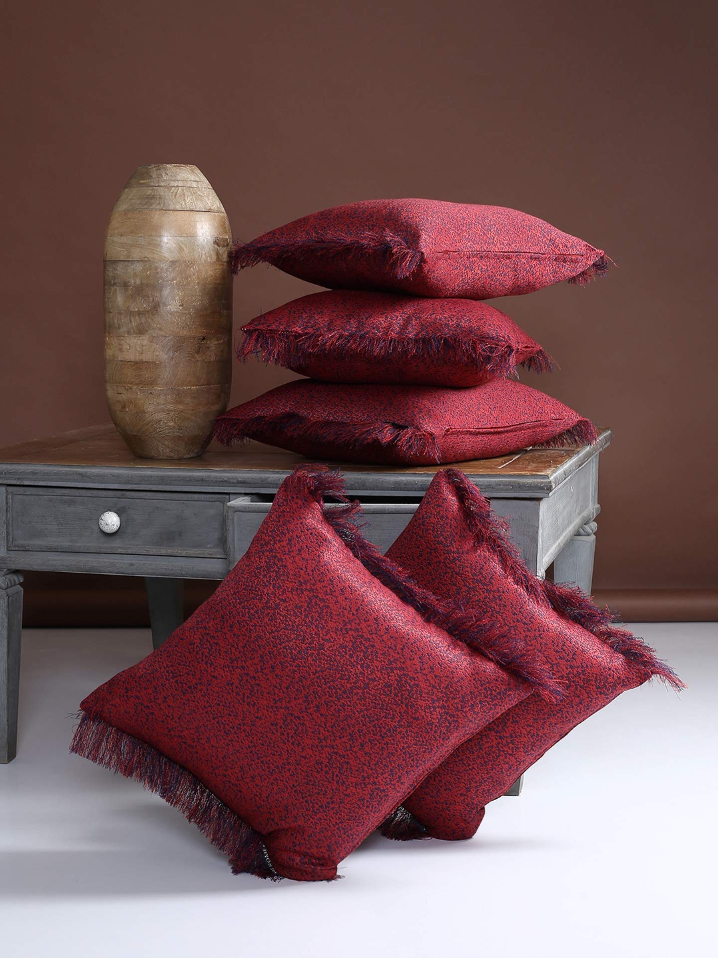 ROMEE Soft Polyester Textured Designer Plain Cushion Covers 16 inch x 16 inch Set of 5 - Maroon