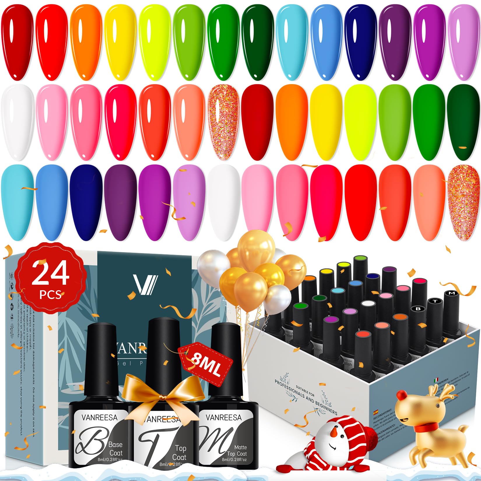 VANREESA 24 Pcs Gel Nail Polish Set-21 Colors Gel Nail Polish Base Coat Glossy & Matte Top Coat with Gel Polish Set Bright Red Orange Green Blue Purple Gel Polish Kit Christmas Gifts for Women Girls