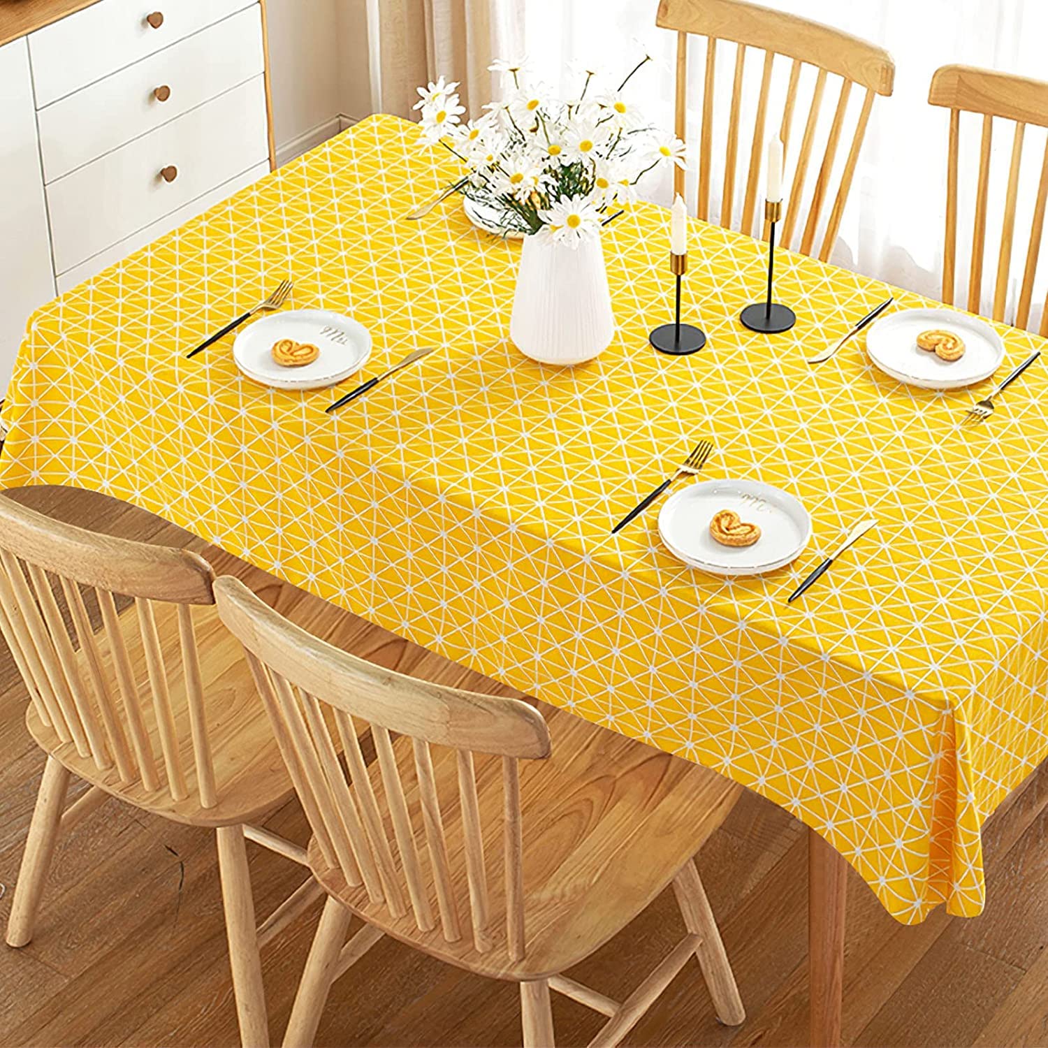 House of Quirk Rectangle Tablecloth Cotton Linen Table Cloth Dust-Proof Table Cover for Kitchen Dinning Tabletop Decoration (140x220cm, Yellow Diamond,Rectangular)