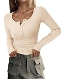 Women&apos;s 2025 Spring Fall Long Sleeve Henley T Shirts Button Ribbed Knit Slim Fit Casual Basic Tops Blouse