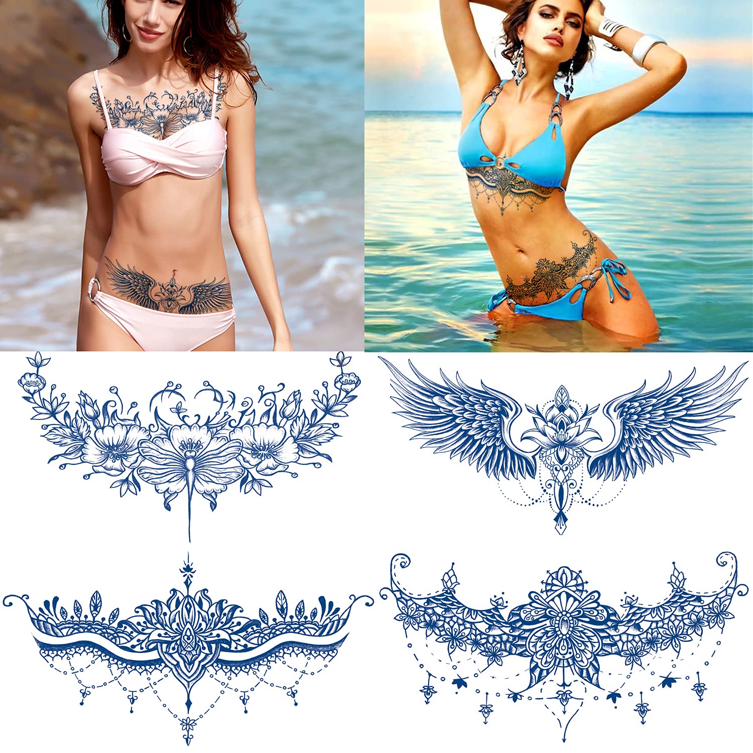 glaryyears Semi Permanent Chest Underboob Tattoo for Women — 4 Sheets Temporary Tat Stickers Wings Lotus Flower Words Designs Lower Back Waist Chest Long Lasting Waterproof Unique Cool Large Size