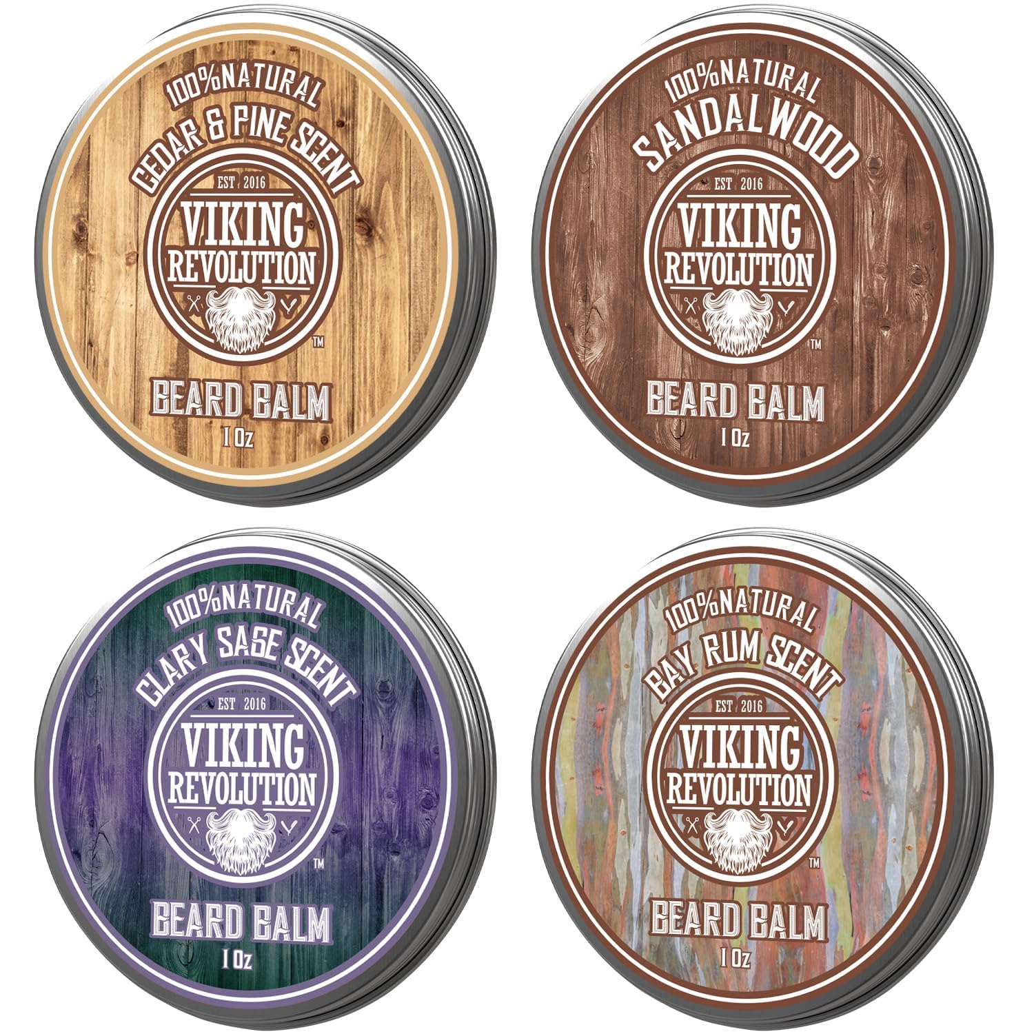 Viking Revolution4 Beard Balm Variety Pack (1oz Each)- Sandalwood, Pine & Cedar, Bay Rum, Clary Sage - Beard Butter Styles, Strengthens and Softens Beards and Mustaches - Beard Wax for Men