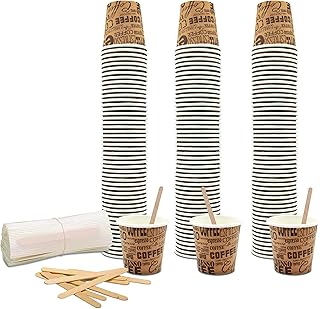 COFFISANO Juego de 150 vasos de café de 75 ml de papel marrones + 150 paletas de madera; vasos y paletas desechables recic...