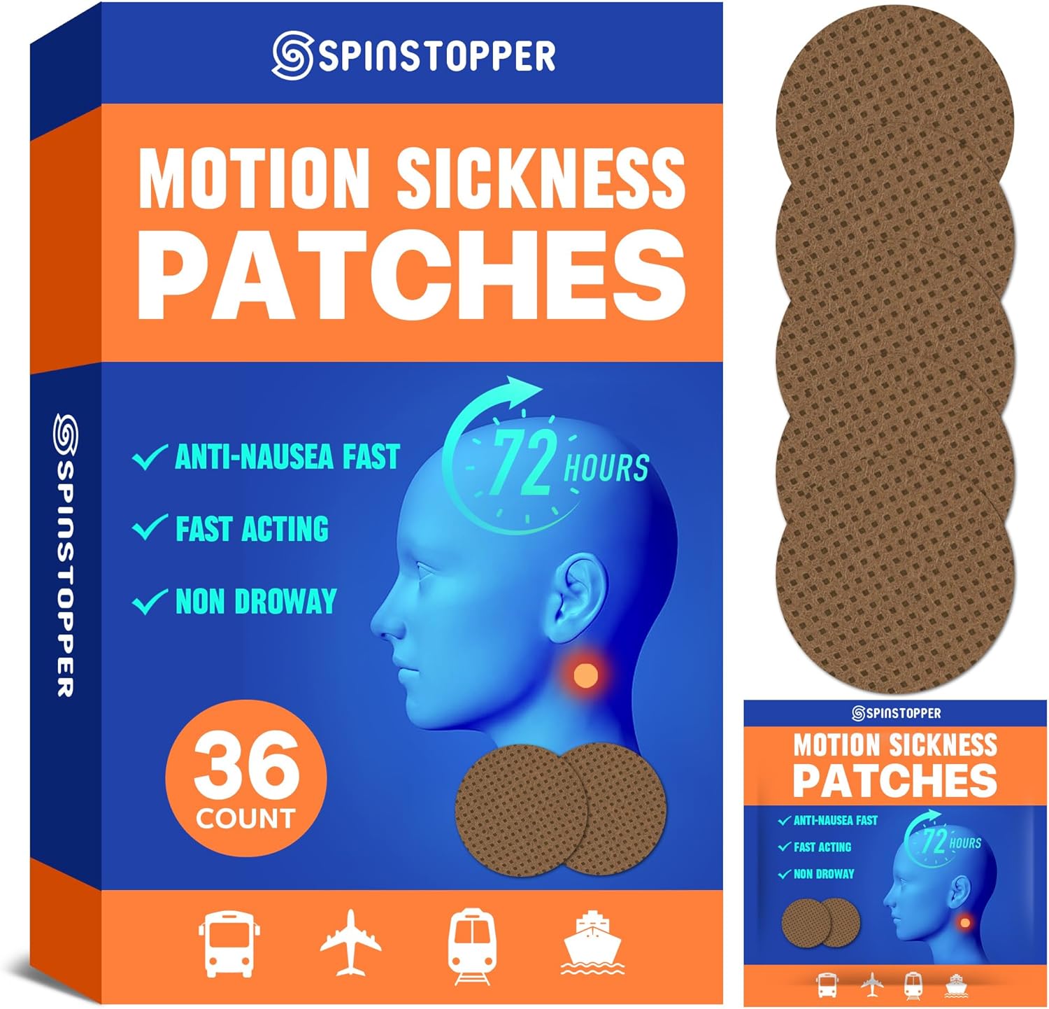 SpinStopper Motion Sickness Patches (36 Count), Sea Sickness Patch ...