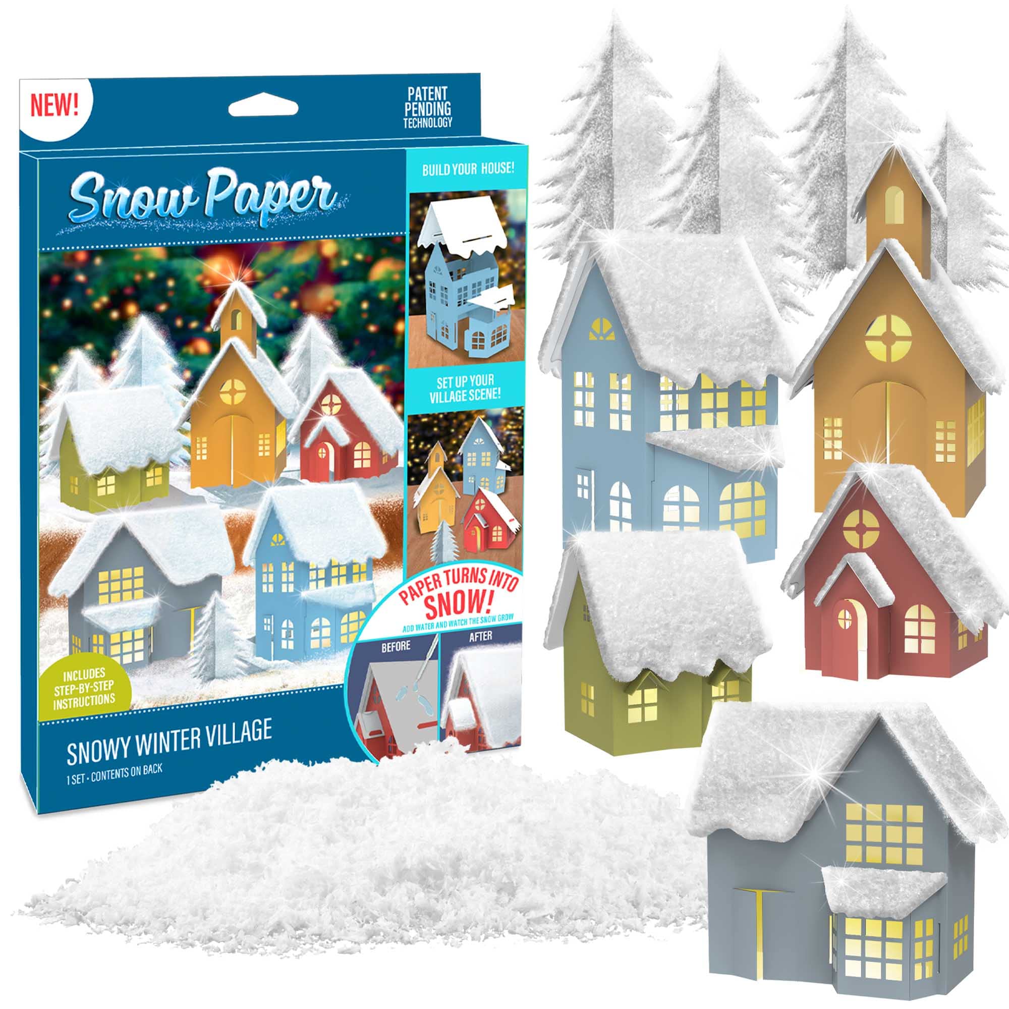 Creative Kids Snow Paper Snowy Winter Village - DIY Winter Wonderland Showcase- 5 Houses, 4 Trees & Faux Snow Included- 30+ Piece Set for Teens-Adult Arts & Crafts, White