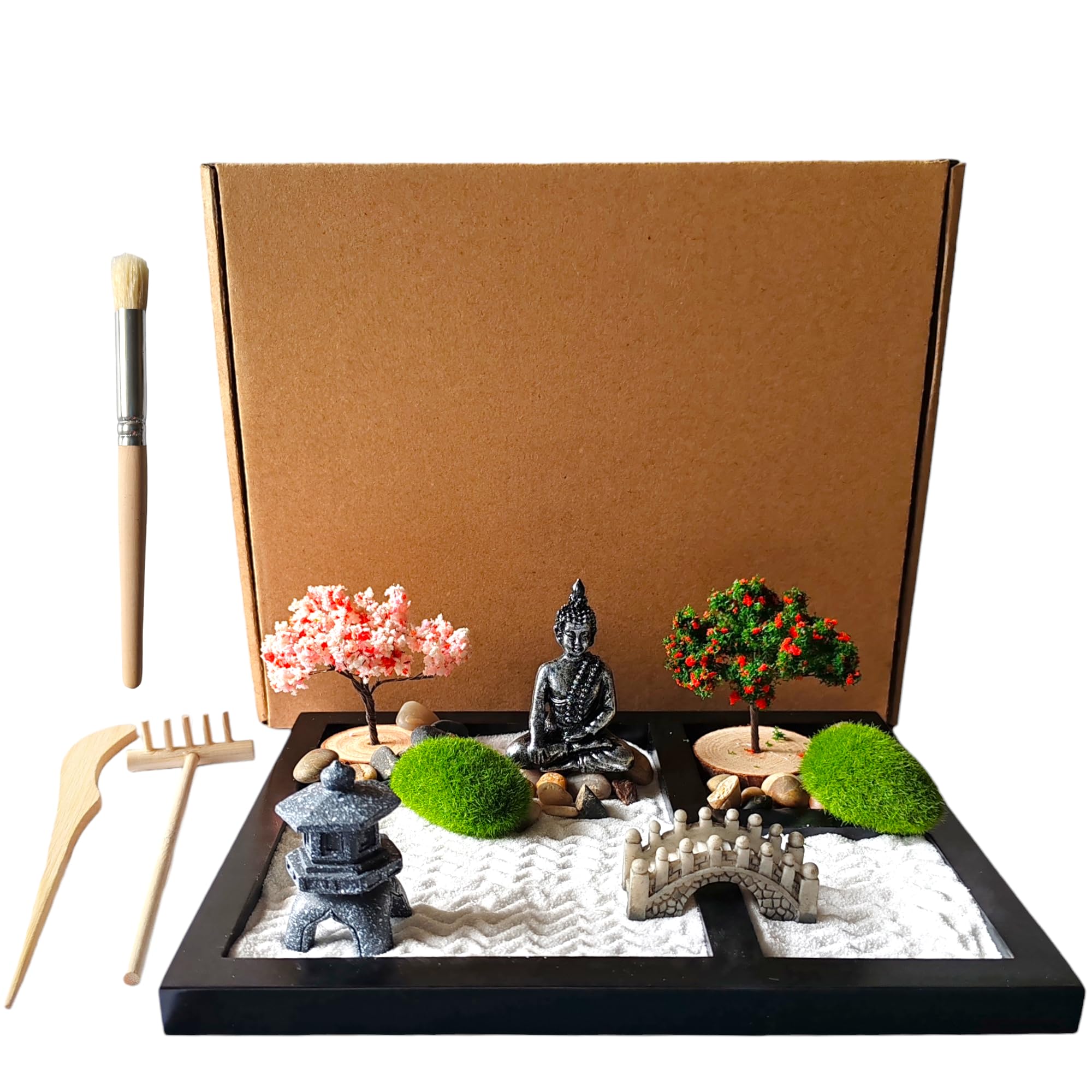 ZEN&TAO Japanese Zen Garden Kit, Black Tray with Two Trees, Two Mosses, Buhhda Statue, Bridge, Stones and Sand Toolset, 2024 New Upgrades, for Meditation, Relaxation and Gifting.