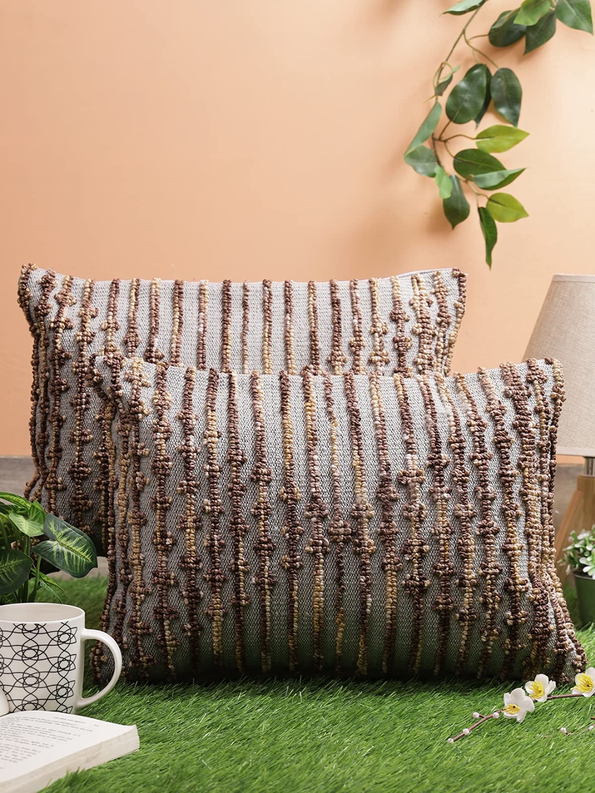 ROMEE Cotton Tufted Pillow Cushion Cover Hand Woven, Check Pattern for Living Room, Sofa Chair (12 X 18 Inches, Off White & Brown, Pack of 2)