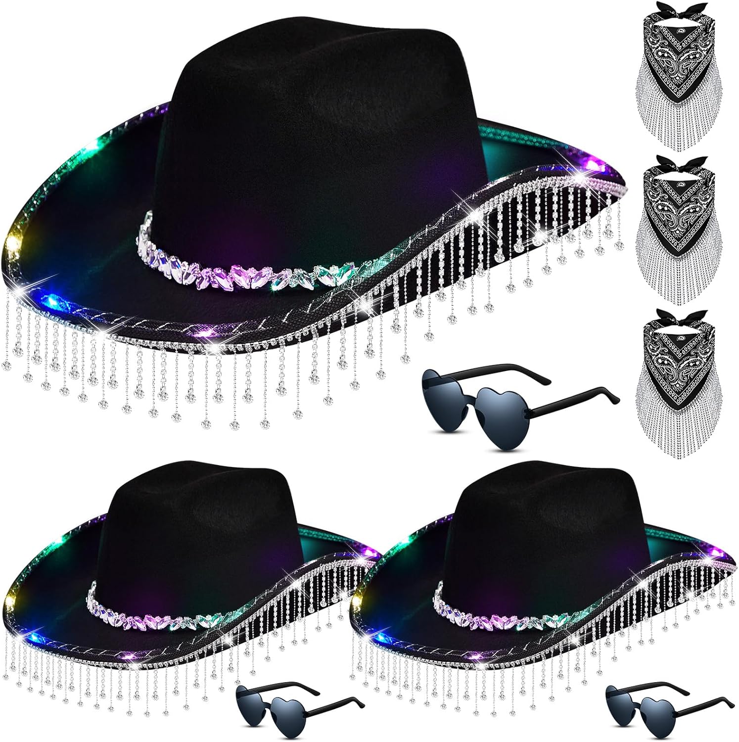 Hercicy Light Up Rhinestone Cowboy Hat Glitter Cowboy Hat with Glasses ...