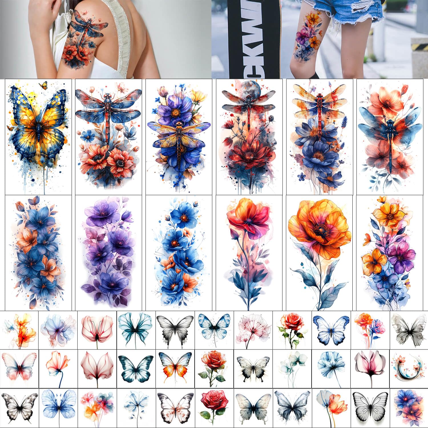 GLARYYEARS Temporary Tattoos for Men, 45-Pack Large&Small Fake Tattoos, Long-lasting Flower Floral Butterfly Tattoos, Chic Design Variety Pack Realistic Tattoos 3D, Cool on Arm Leg Wrist Hand Body