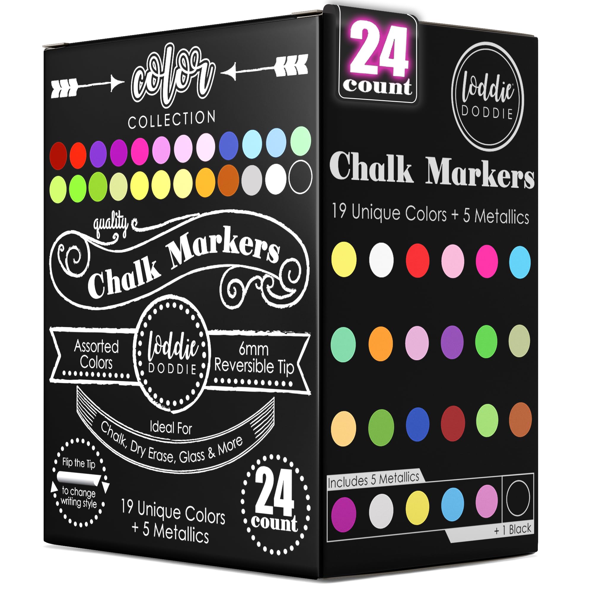 Loddie DoddieLiquid Chalk Markers - Pack of 24 - Dust Free Chalk Pens for Chalkboards, Blackboards, Windows & Glass - 6mm Reversible Bullet & Chisel Tip - Erasable Ink Chalkboard pens