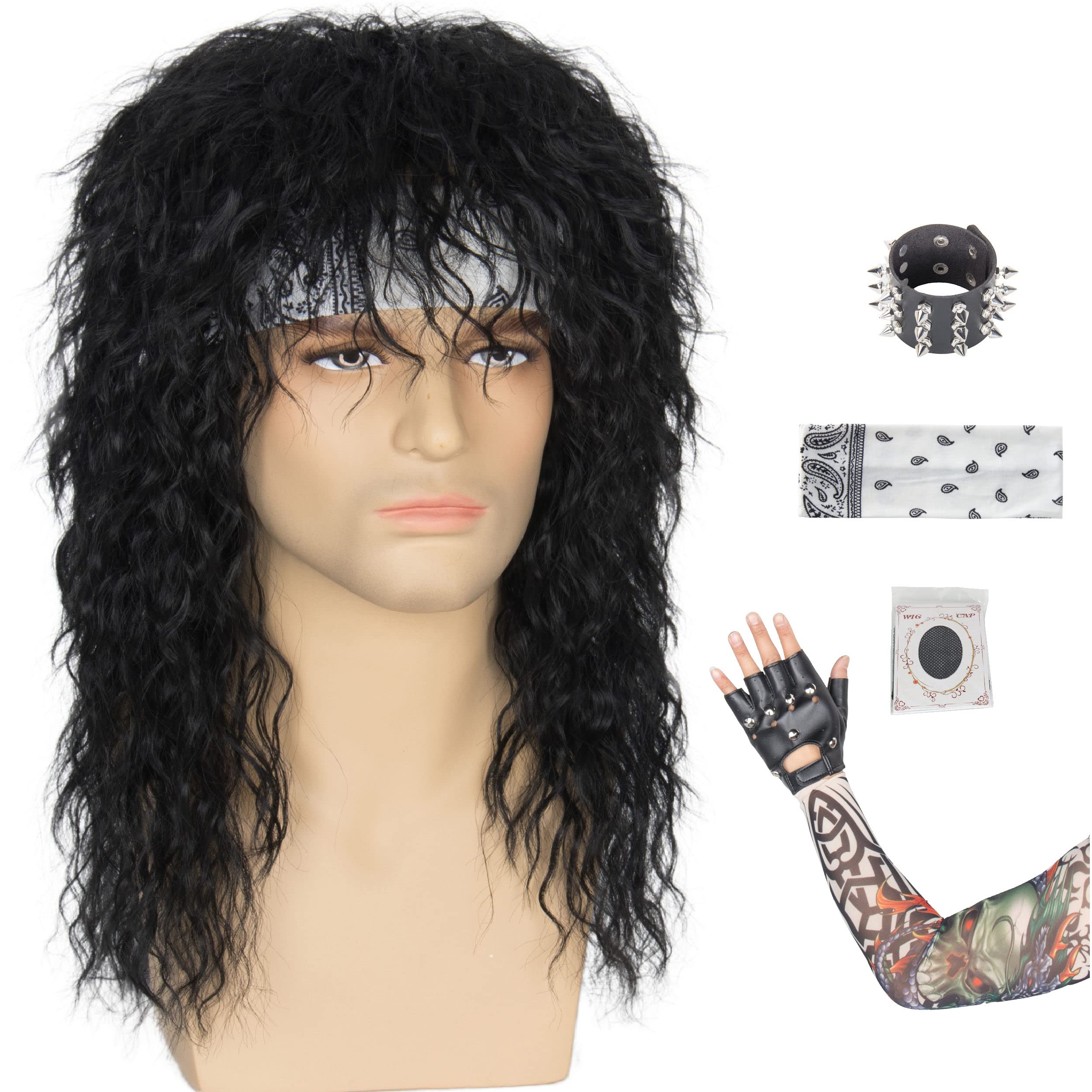 miss u hair 70s 80s Wig for Men Long Black Rocker Costume Set - Stretchable Headband Tattoo Sleeve Studded Wristband Glove