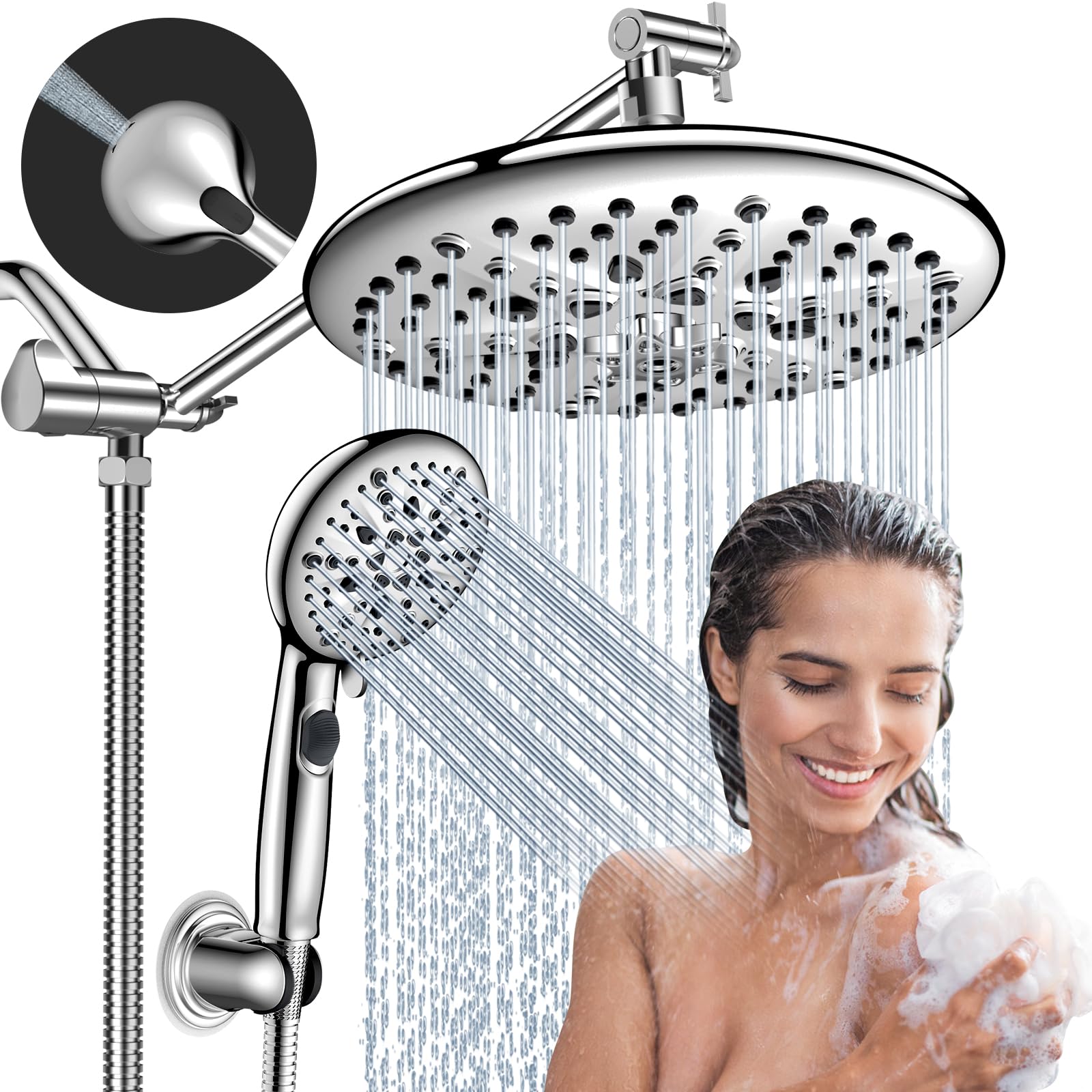 Photo 1 of FEELSO Shower Heads with Handheld Spray Combo, 10" High Pressure Rain 16 Settings Showerhead with 11" Adjustable Extension Arm and Handheld Water Spray with ON/OFF Pause Switch, Built-in Power Spray