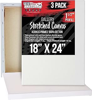 U.S. Art Supply 18 x 24 inch Gallery Depth 1-1/2" Profile Stretched Canvas, 3-Pack - 12-Ounce Acrylic Gesso Triple Primed,...