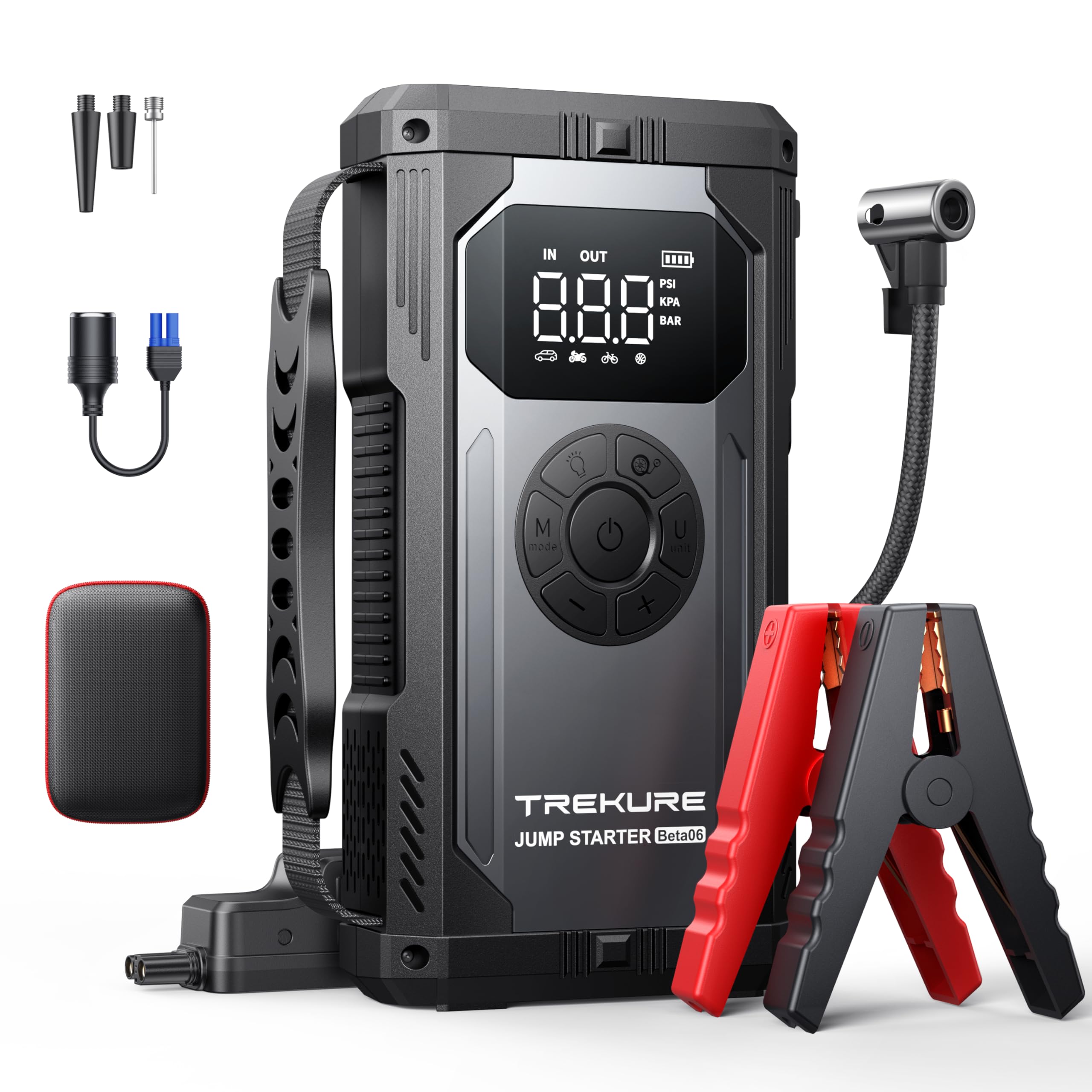 Portable Car Jump Starter with Air Compressor, TREKURE 150PSI 4000A Car Battery Jump Starter (All Gas/10L Diesel), 12V Jump Box Car Battery Jumper Starter Portable with LCD Display, Lights