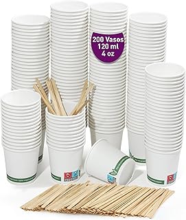 200 vasos desechables café blancos de 120 ml / 4 oz, vasos de cartón blanco desechable con paletinas de madera para café. ...